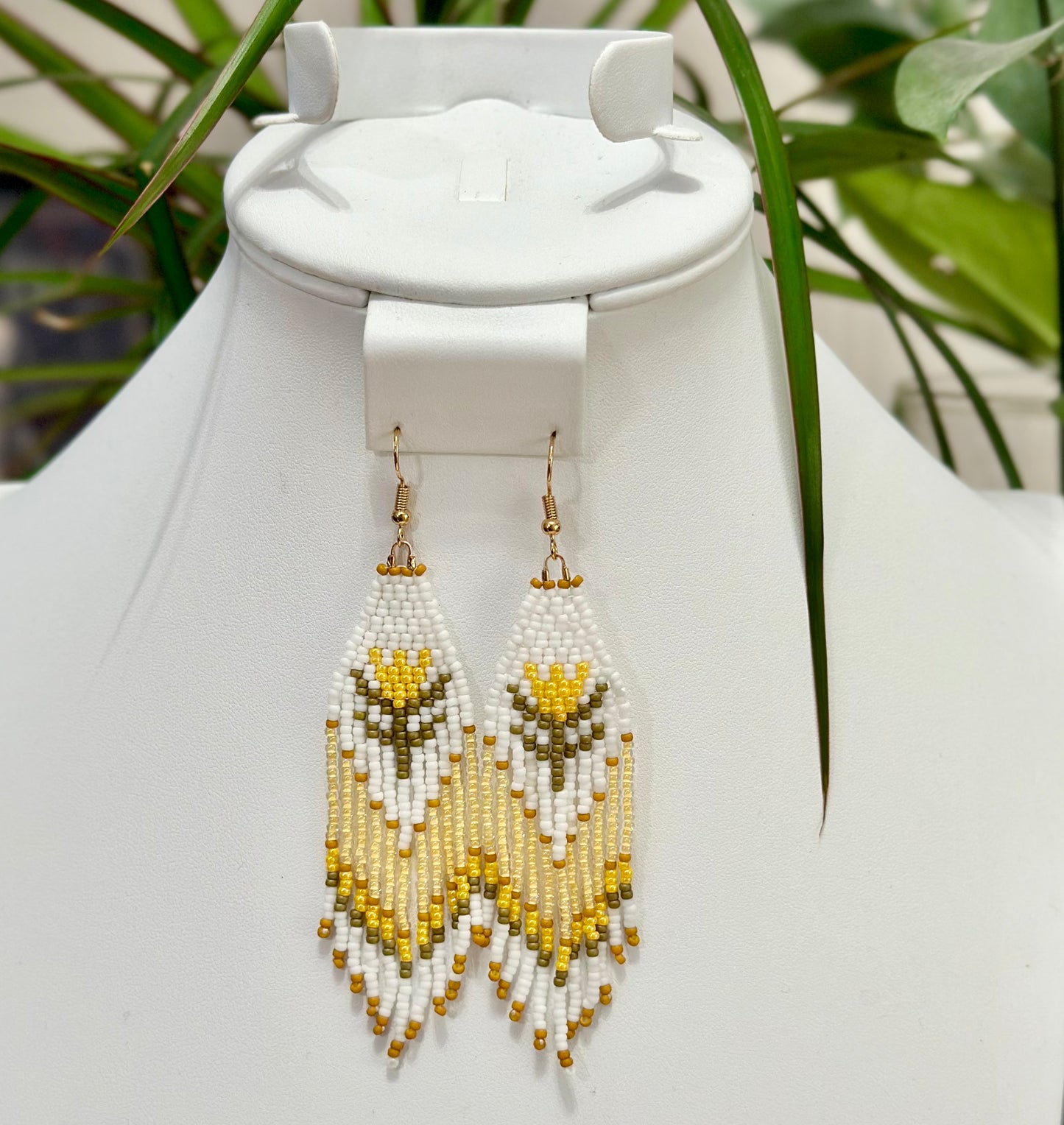 Beaded Fringe Earrings in Yellow, Green and White