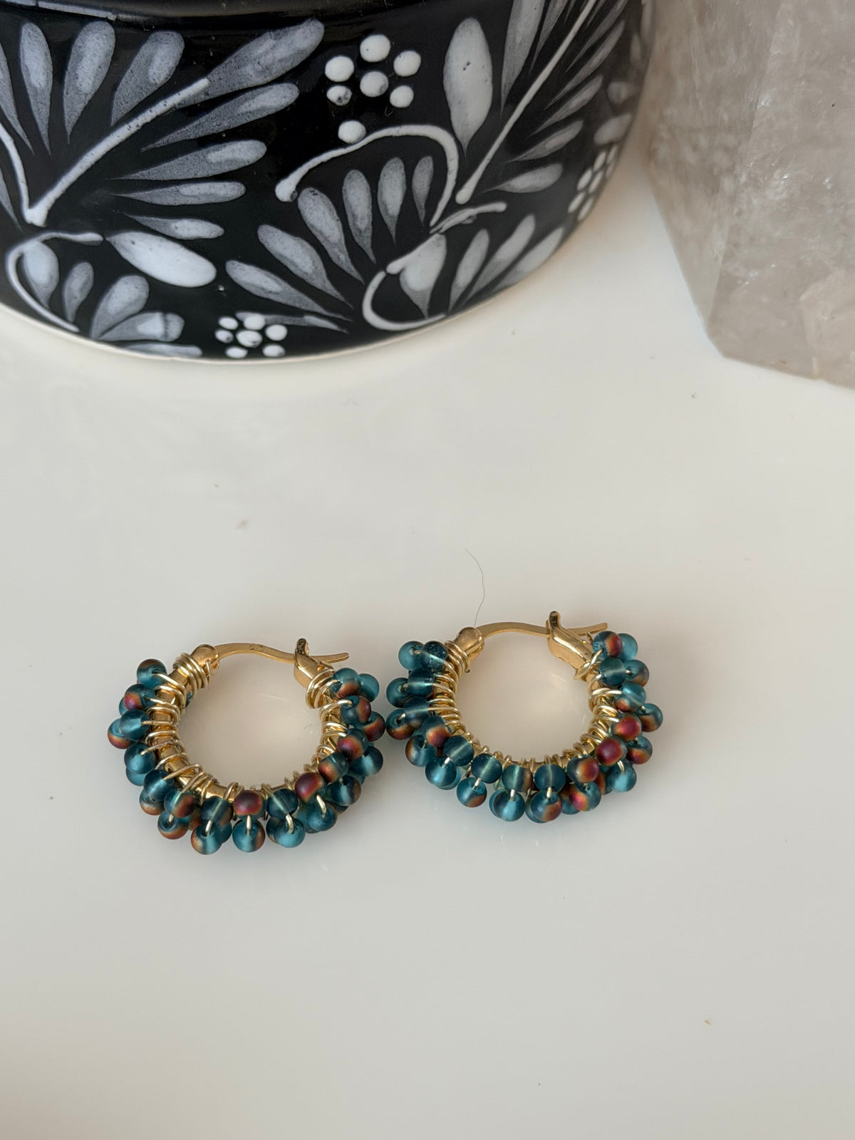 Hoop Earrings in Gold and Aqua Blue.