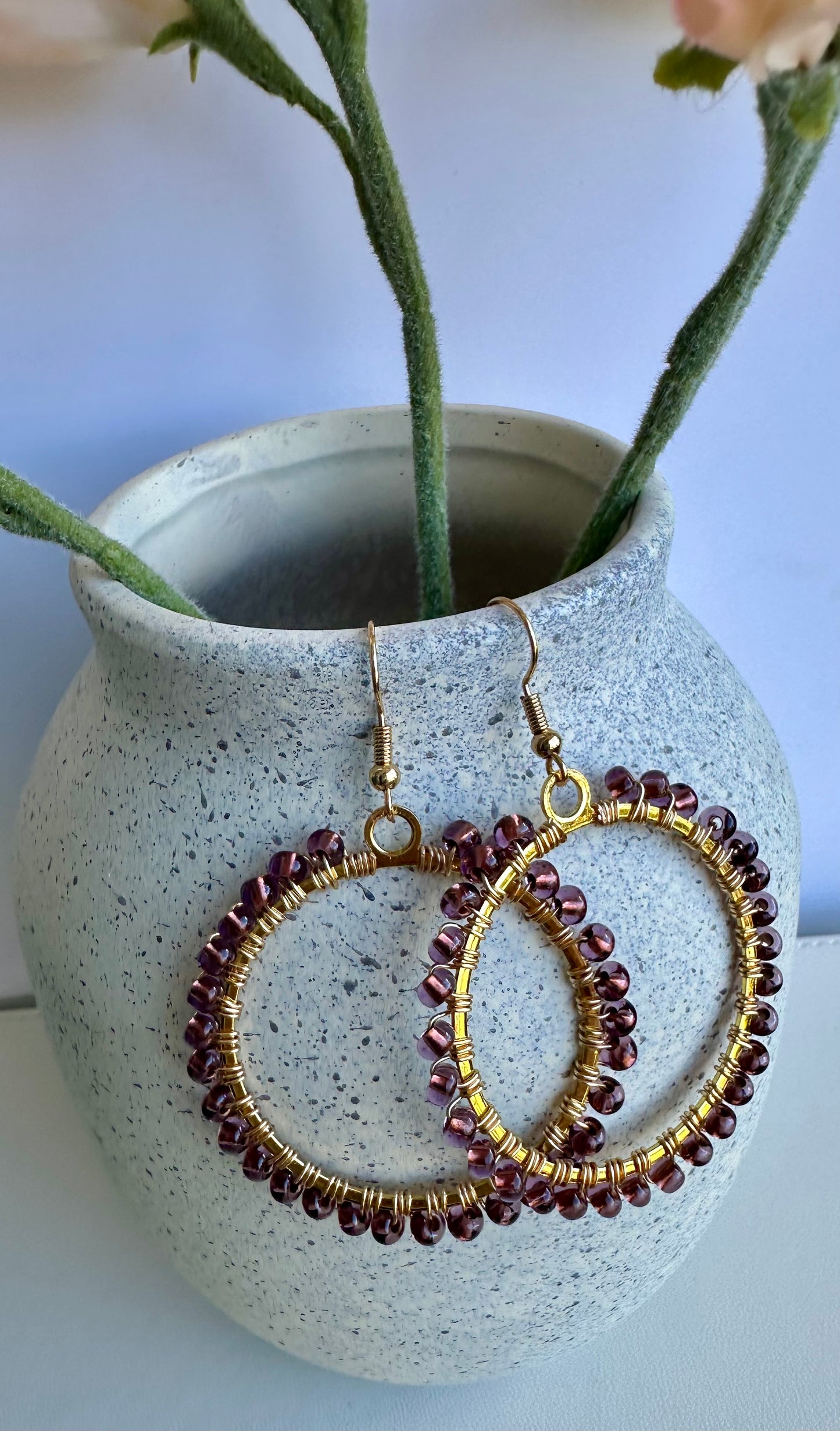 Dangle Hoops Earrings in Purple and Gold