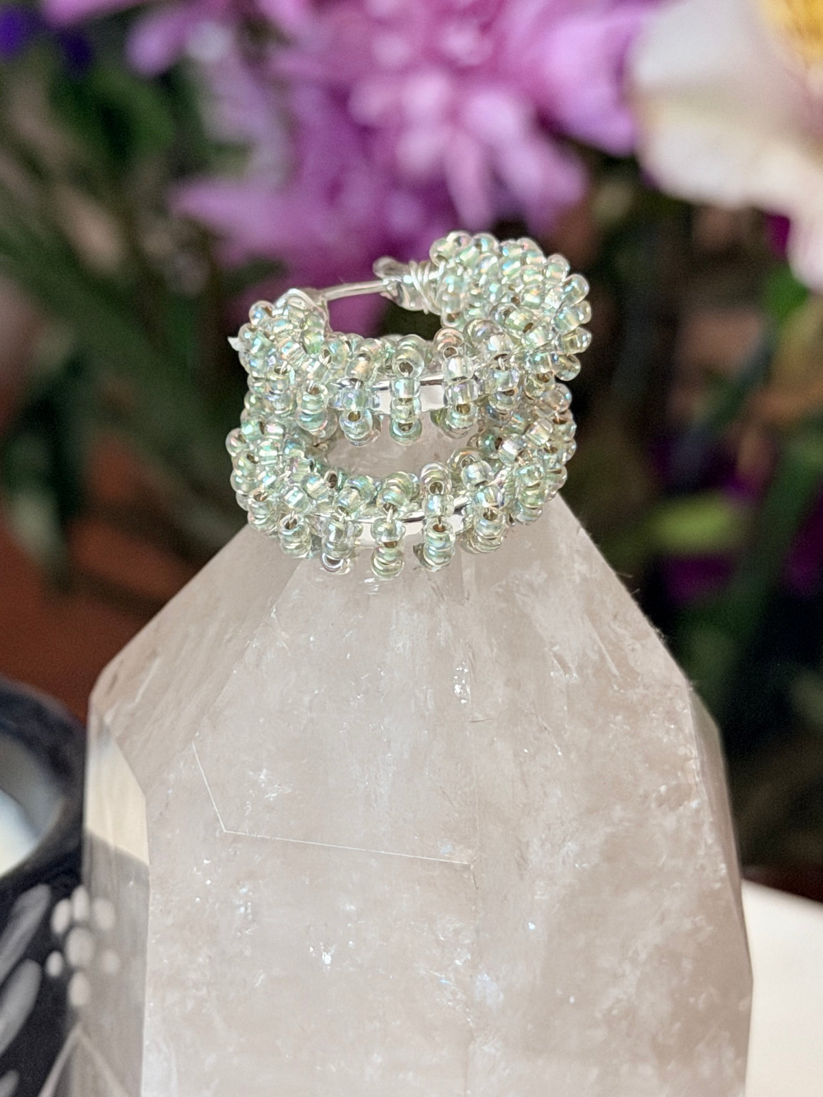 Hoop Earrings in Silver and Translucent Mint Green.