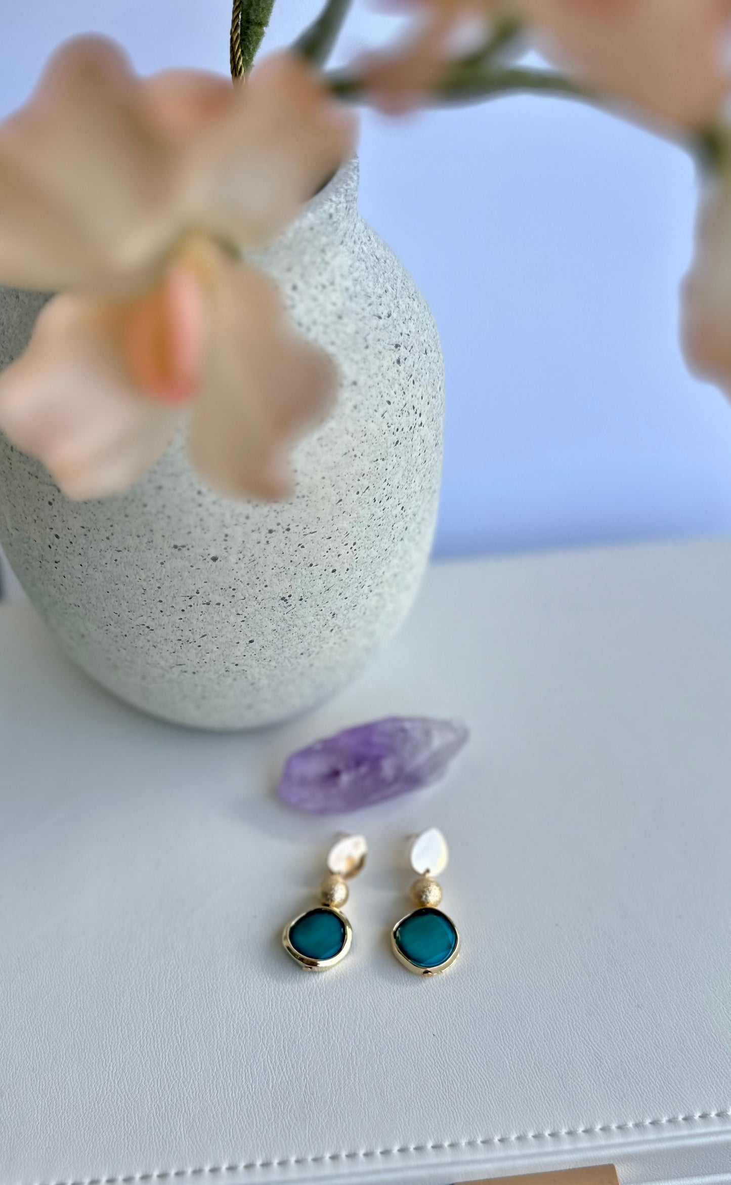 Dangle and Drop Earrings Set in Teal & Gold Faceted Glass Coin Beads