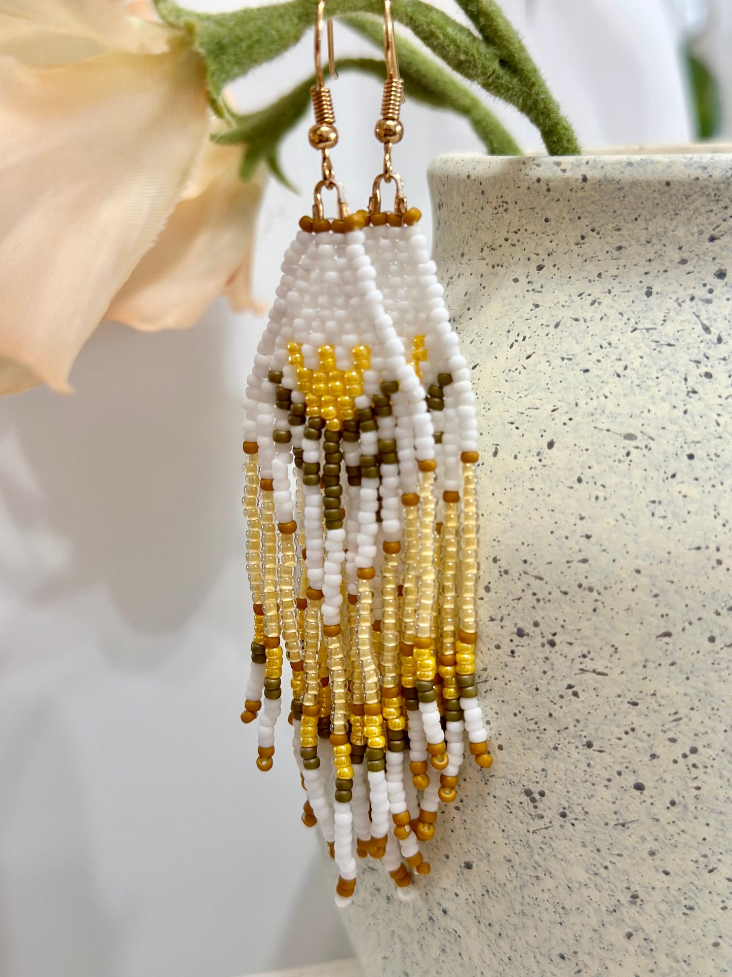 Beaded Fringe Earrings in Yellow, Green and White