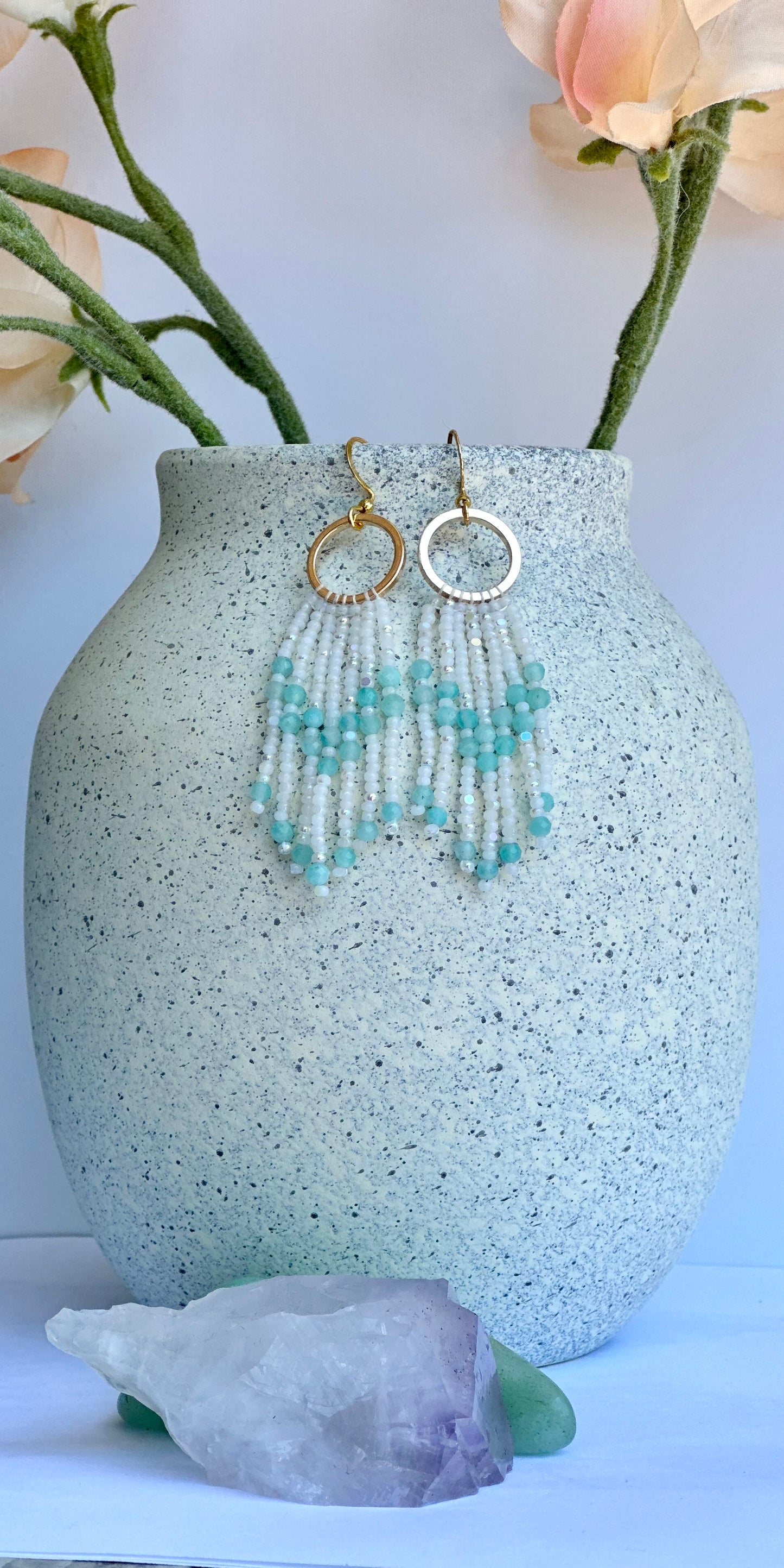 Beaded Fringe Earrings in White, Teal, and Gold