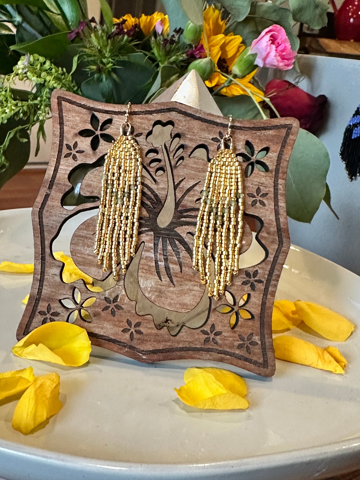 Beaded Earrings in Gold and Green