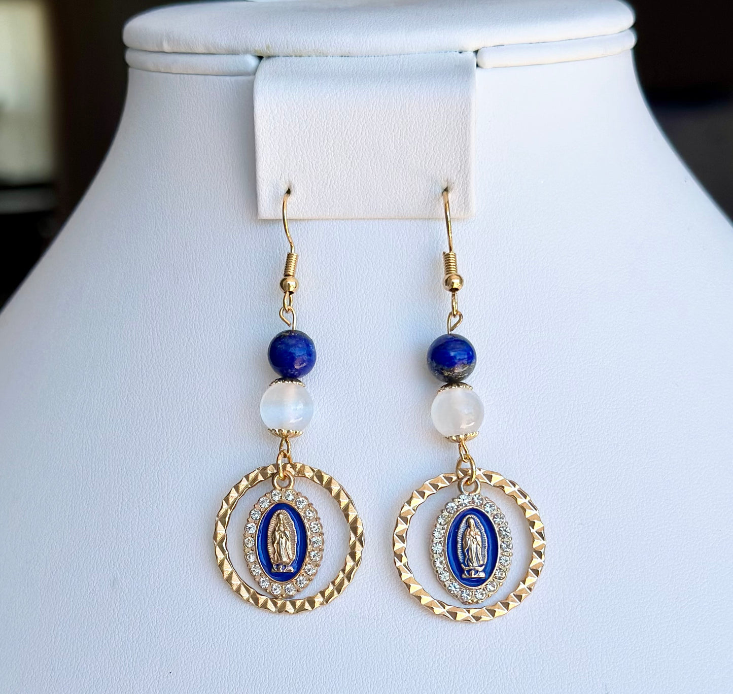 Virgen de Guadalupe Dangle and Drop Earrings in Blue and Clear