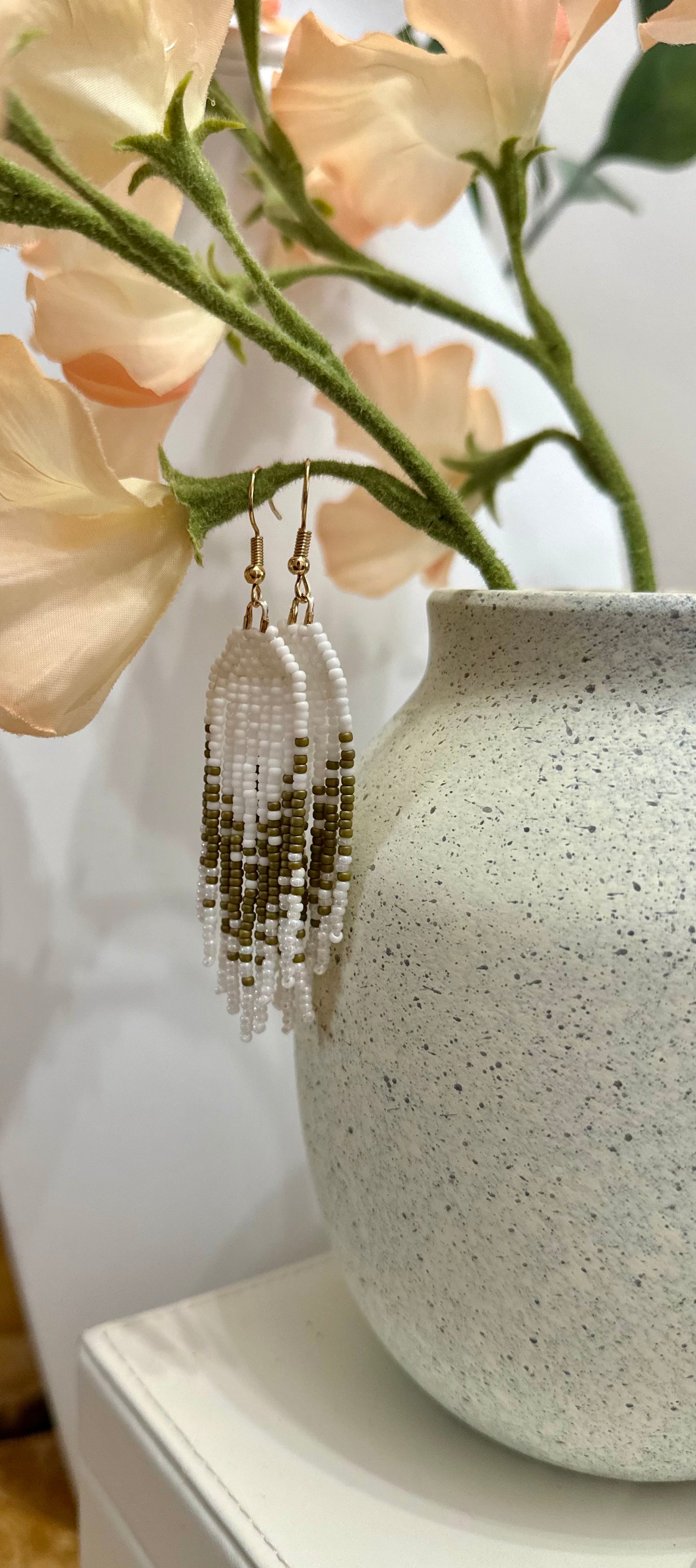 Beaded Fringe Earrings in White and Green