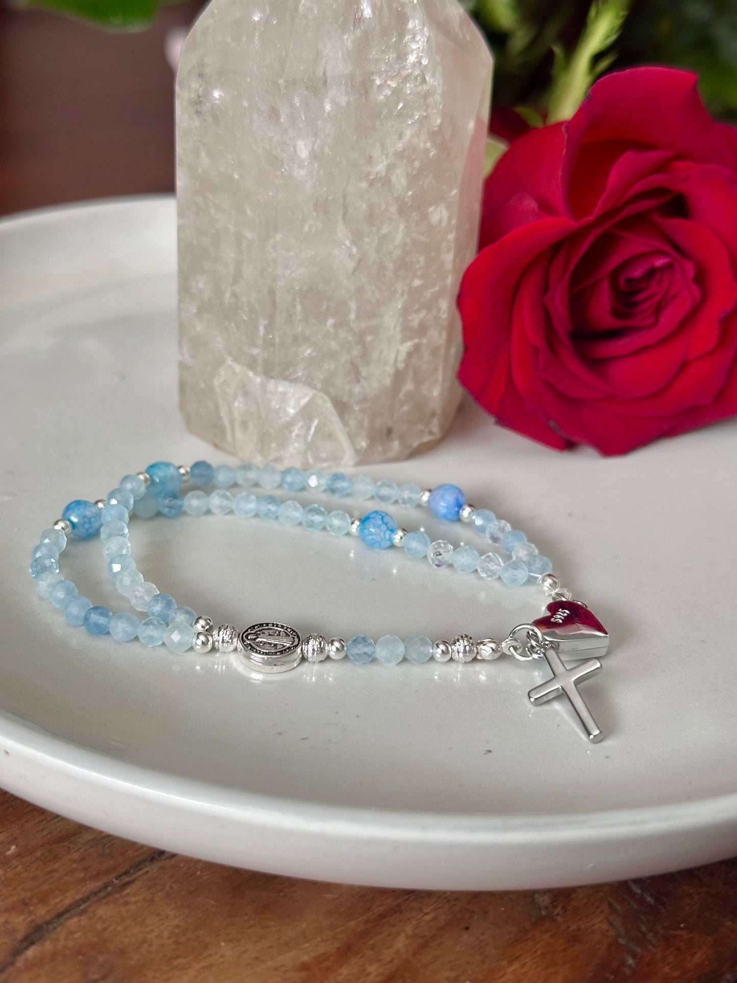 Rosary Bracelet in Light Blue and Silver