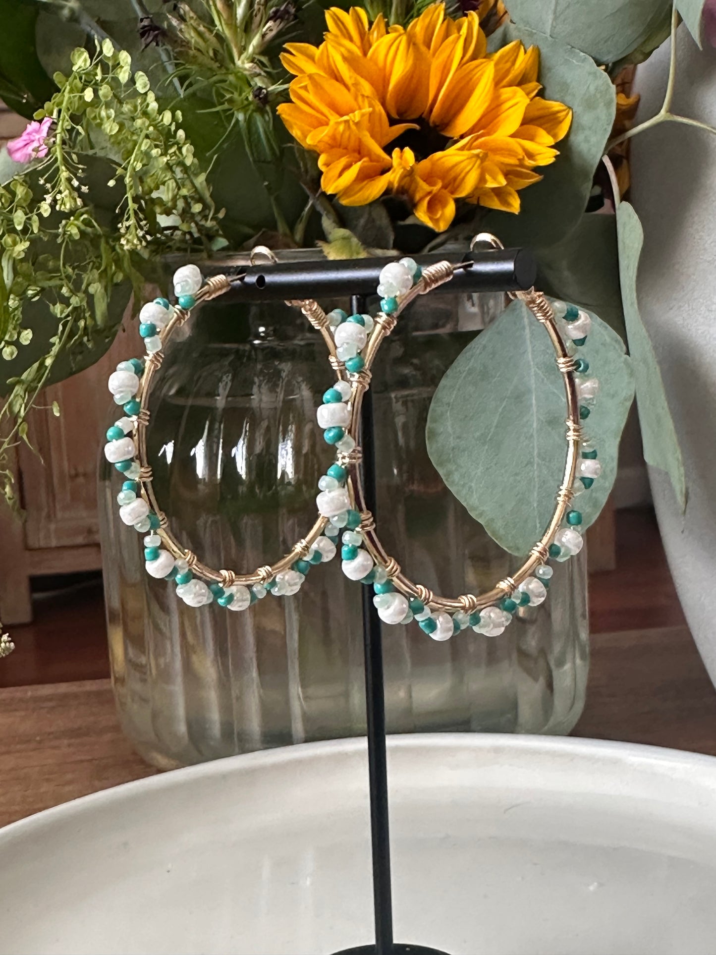 Hoop Earrings in White and Green