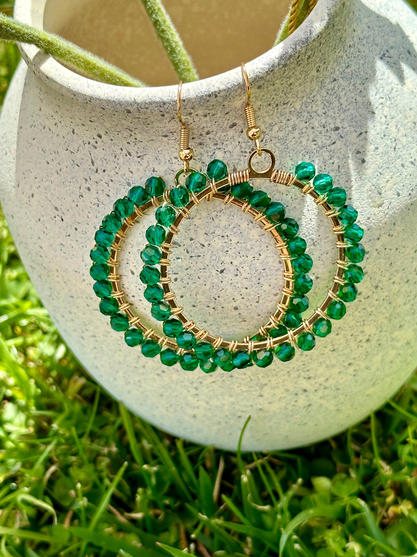 Dangle and Drop Hoop Earrings Set in Green