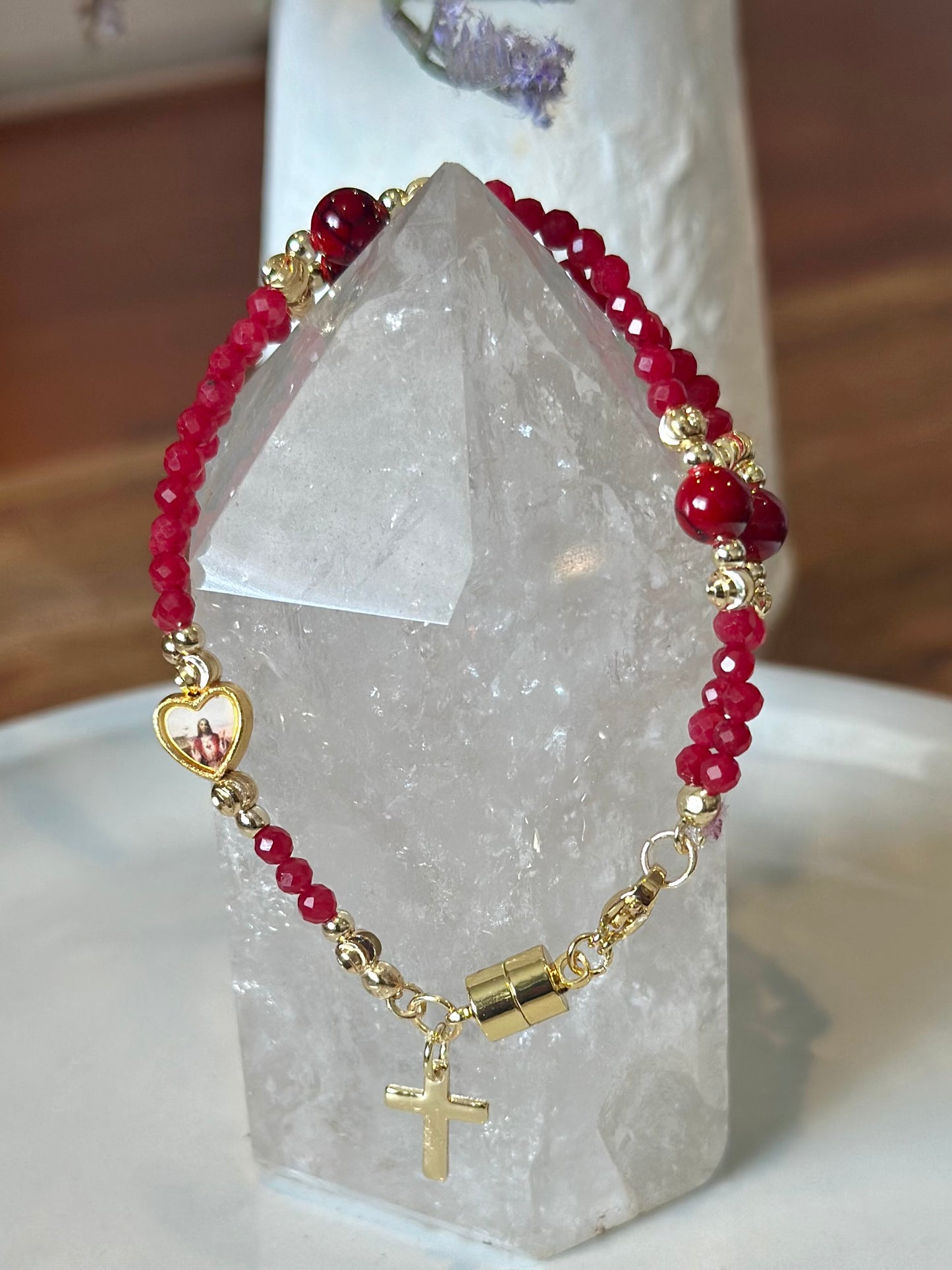 Rosary Bracelet in Red and Gold.