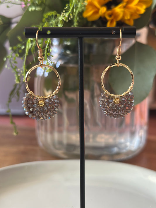 Dangle and Drop Earrings in Smokey Grey and Gold.