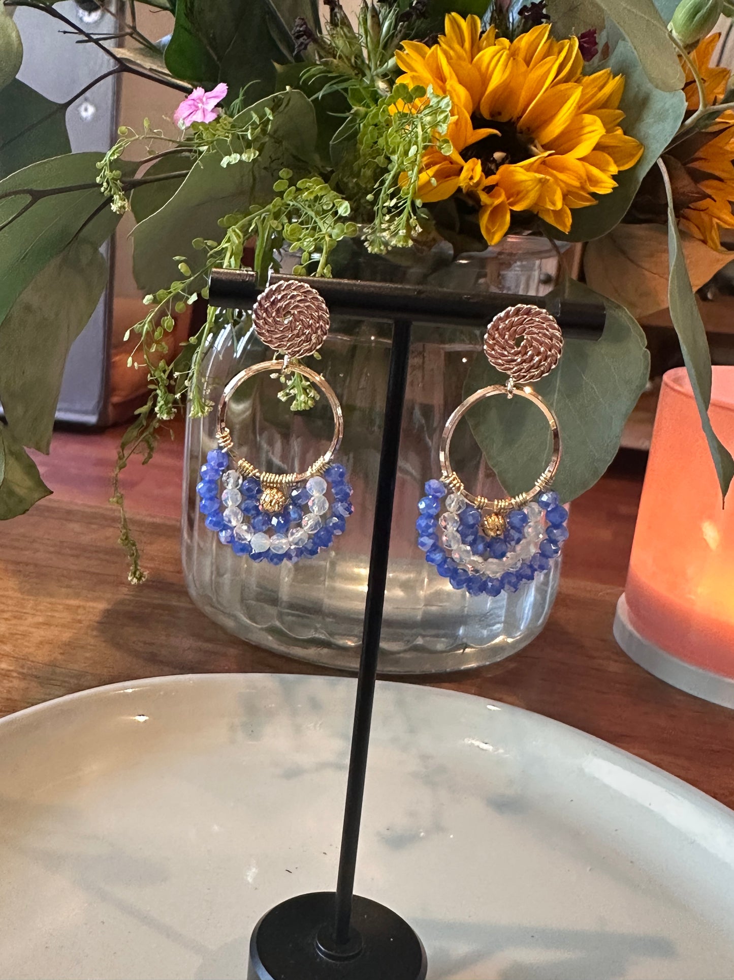 Dangle and Drop Earrings in Blue, White, and Gold.