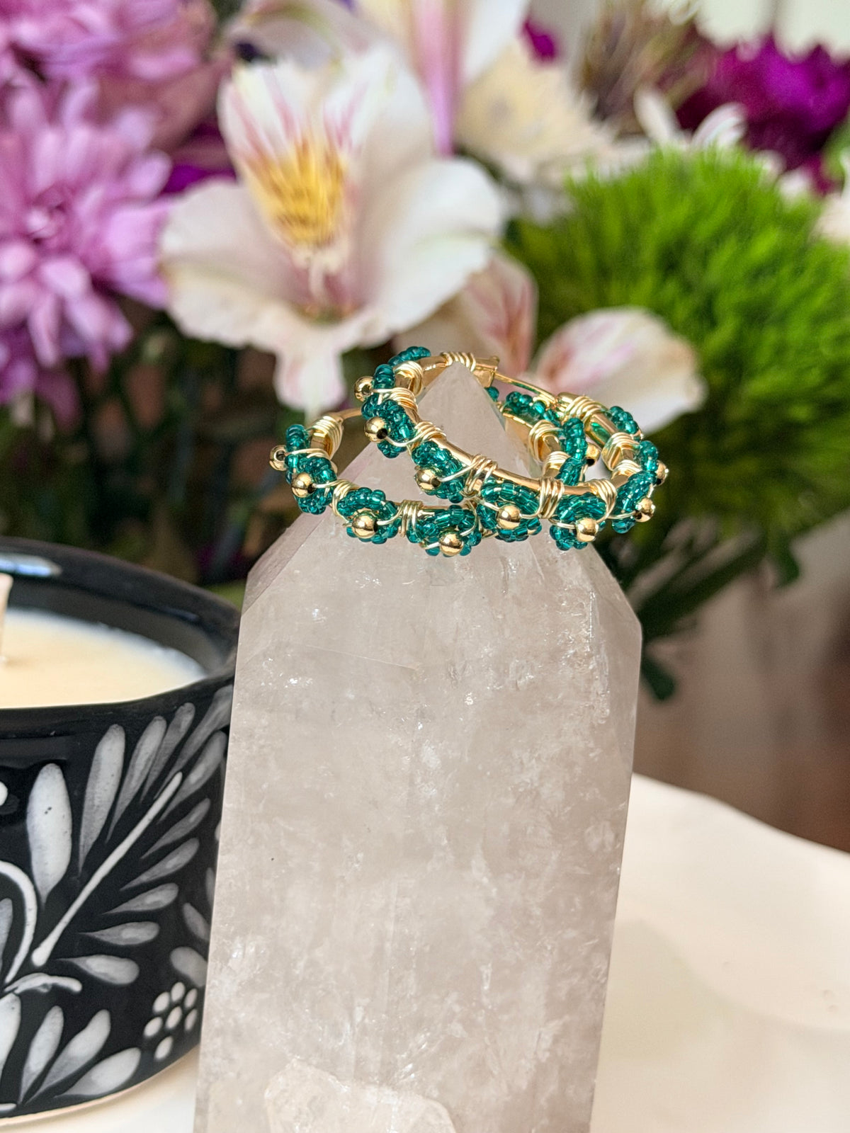Hoop Earrings in Green and Gold.