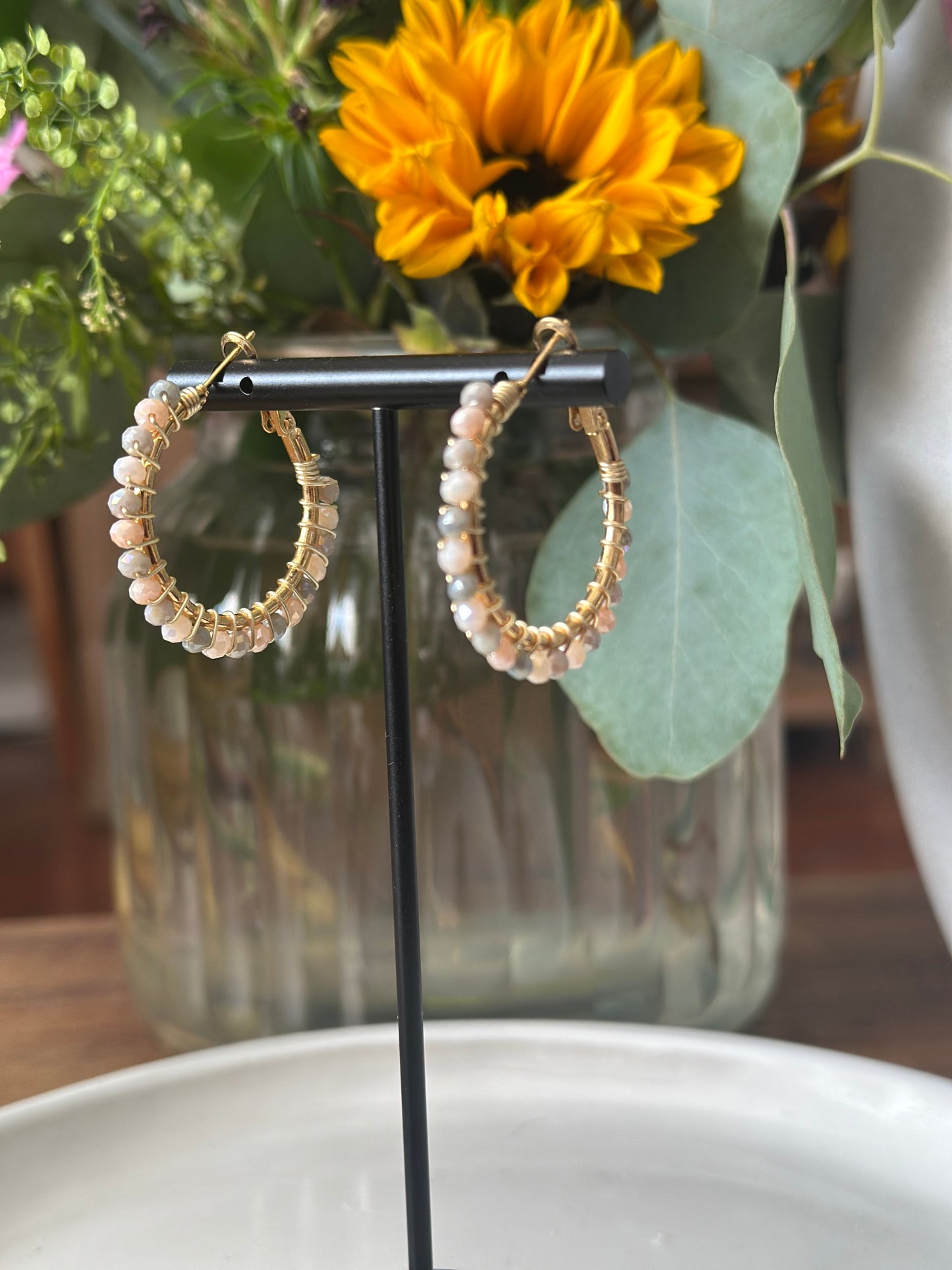 Hoop Earrings in Ivory and Light Grey