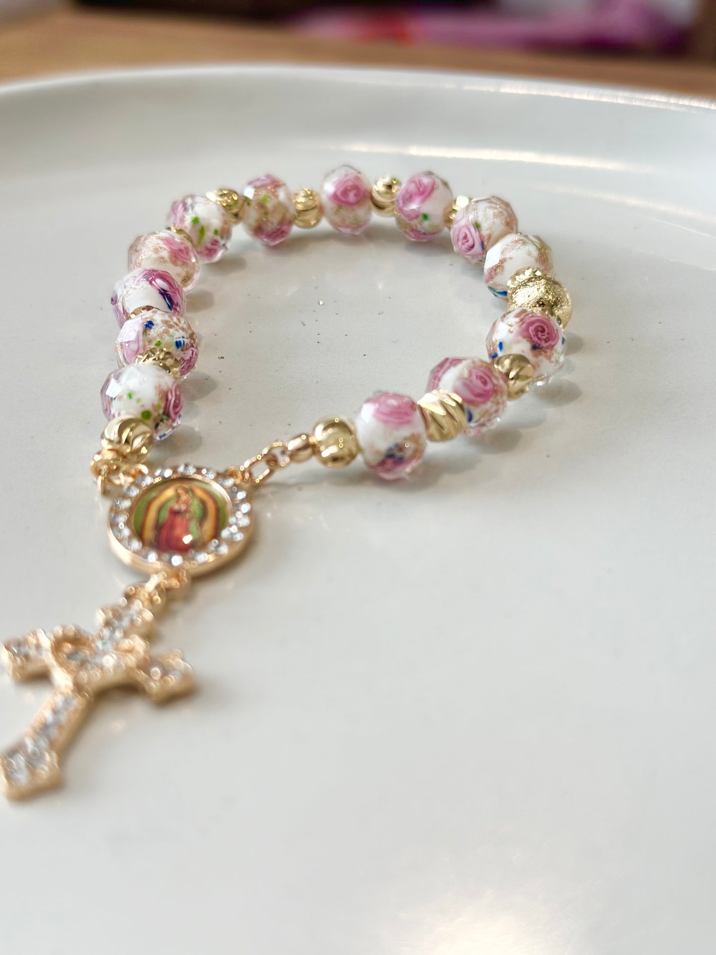 Rosary Bracelet in Pink and White.