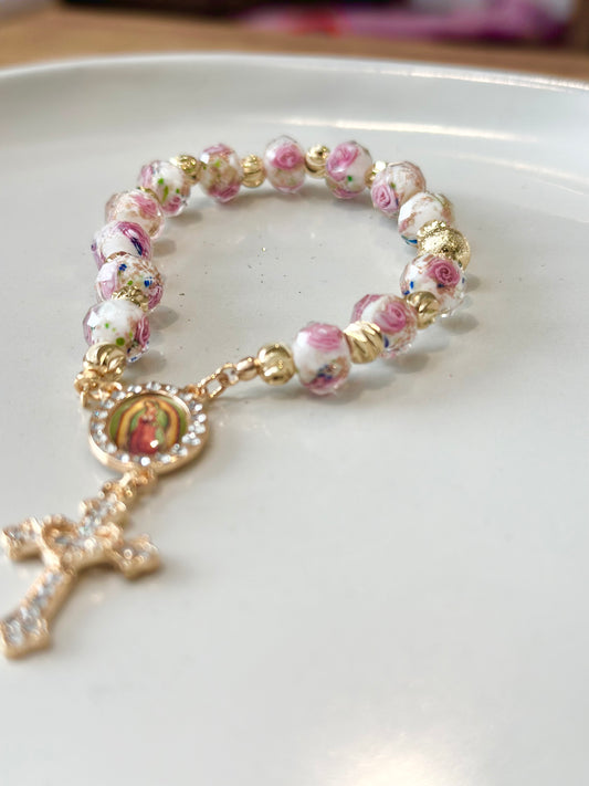 Rosary Bracelet in Pink and White.