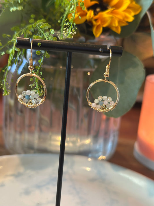 Dangle and Drop Earrings in Light Blue and Gold.