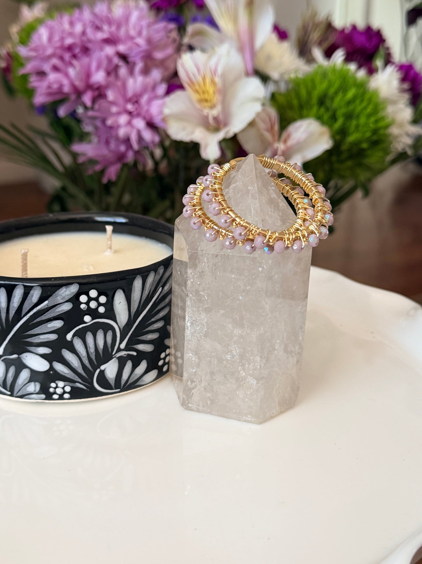Hoop Earrings in Gold and Lilac.