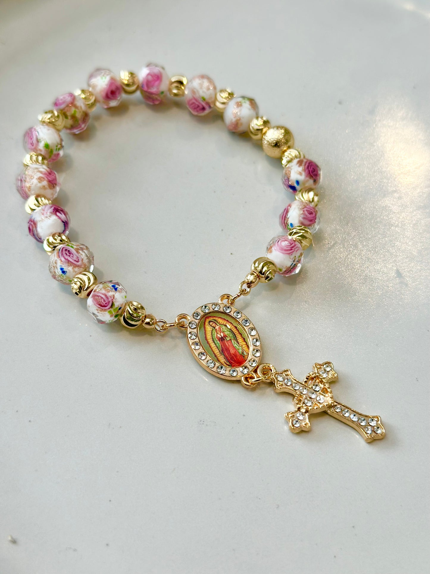 Rosary Bracelet in Pink and White.