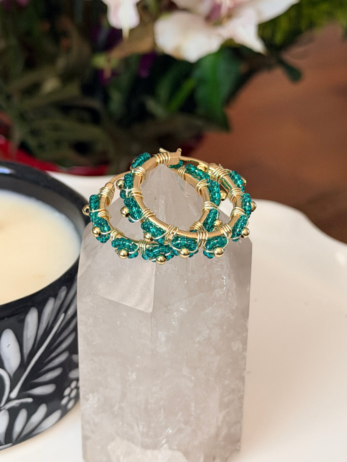 Hoop Earrings in Green and Gold.