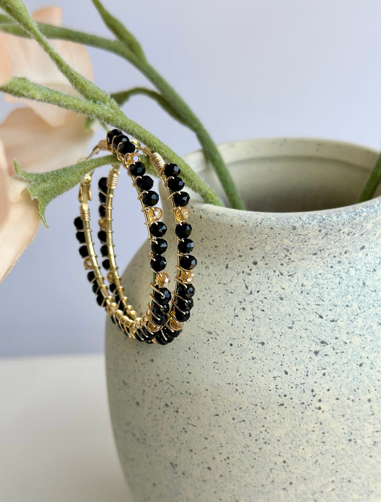 Hoop Earrings with Black and Gold Glass Beads (40mm)