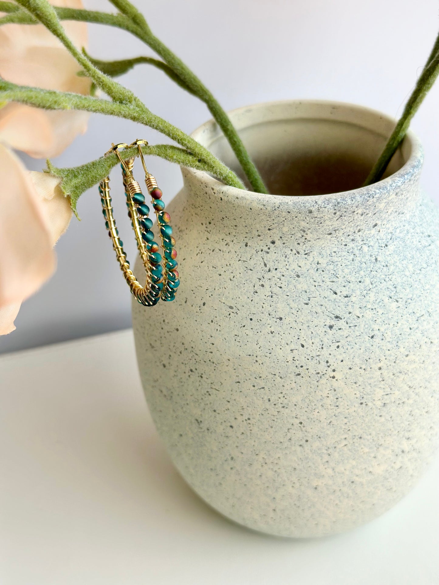 Hoop Earrings with Blue Green Glass Beads (30mm)