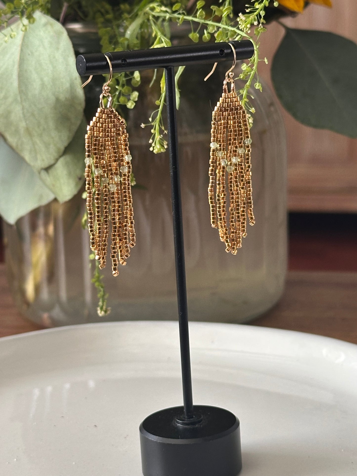 Beaded Earrings in Gold and Green