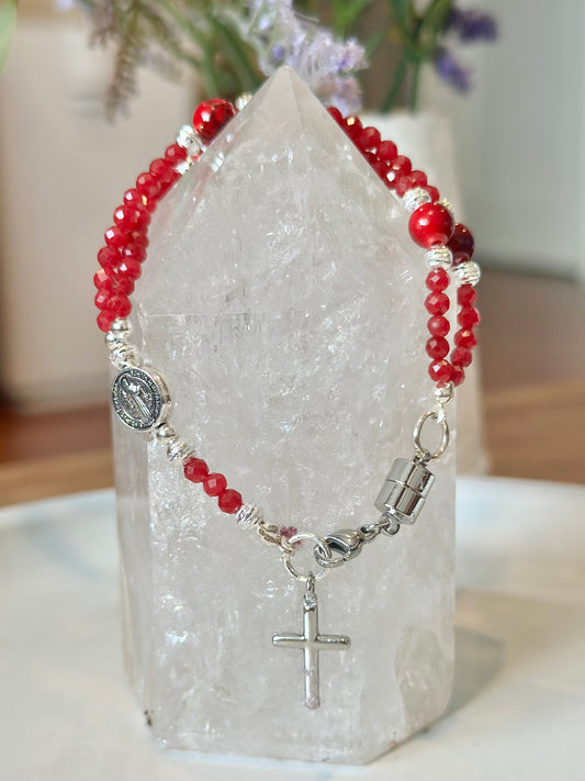 Rosary Bracelet in Red and Silver.