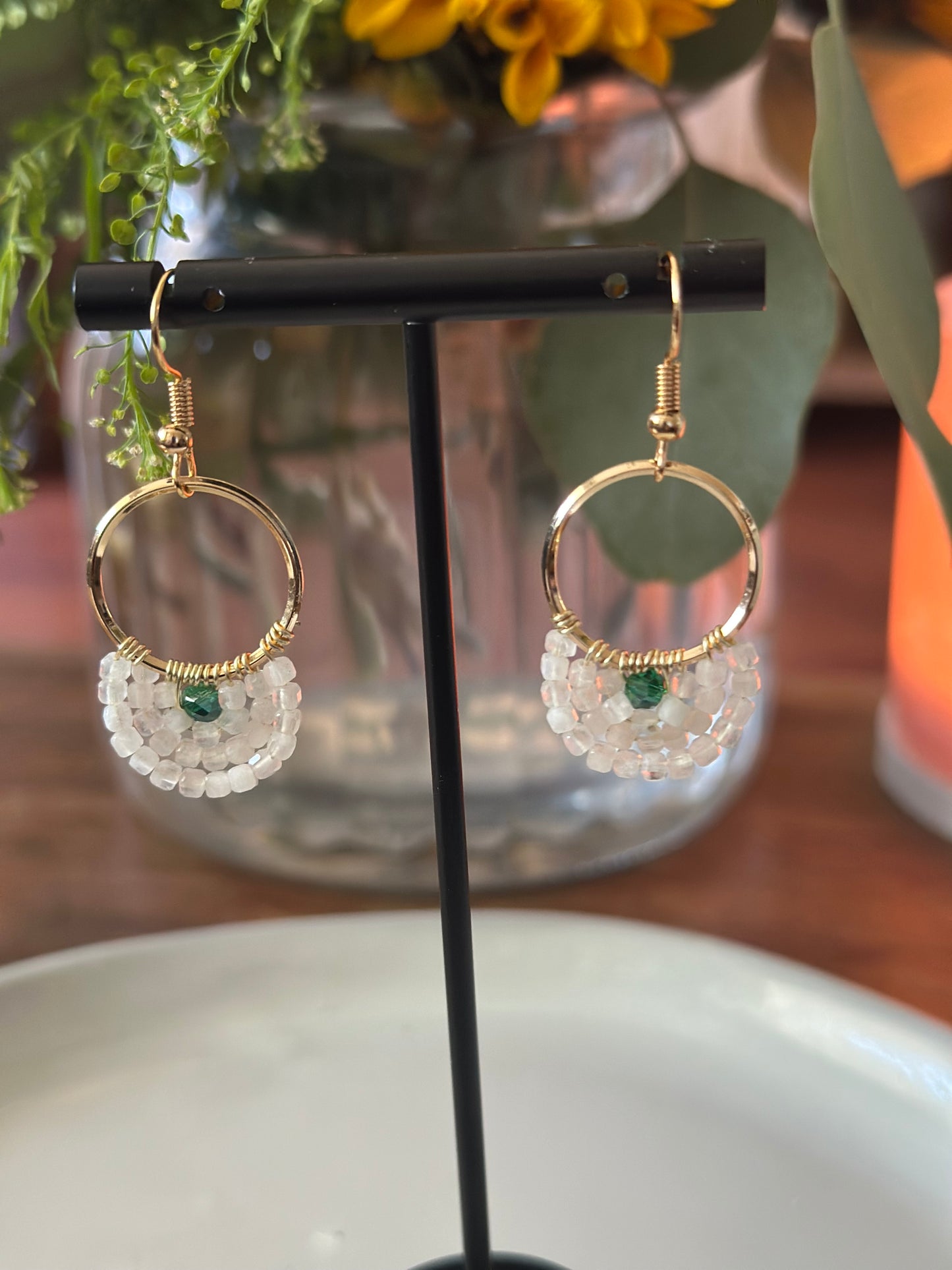 Dangle and Drop Earrings in White, Green and Gold.