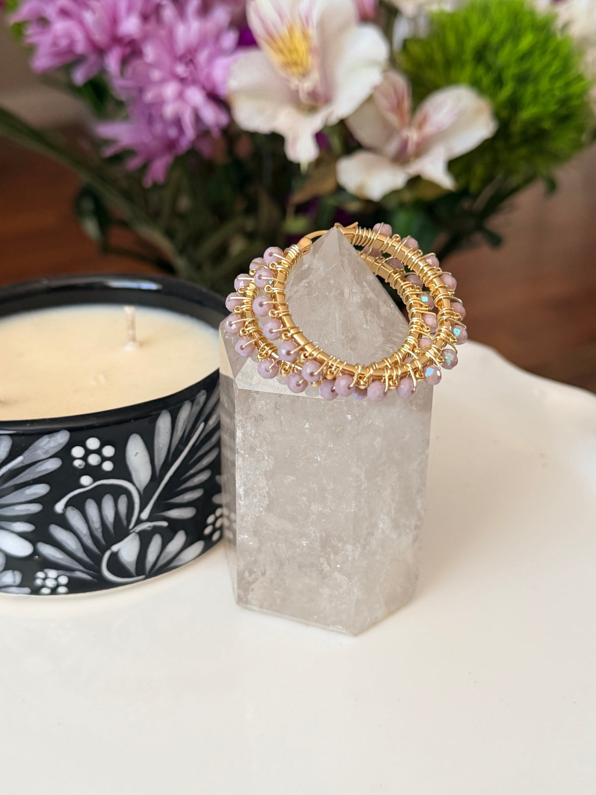 Hoop Earrings in Gold and Lilac.