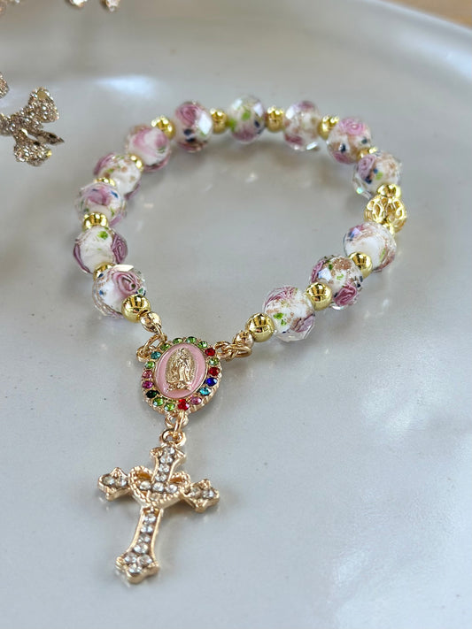 Rosary Bracelet in White and Pink.