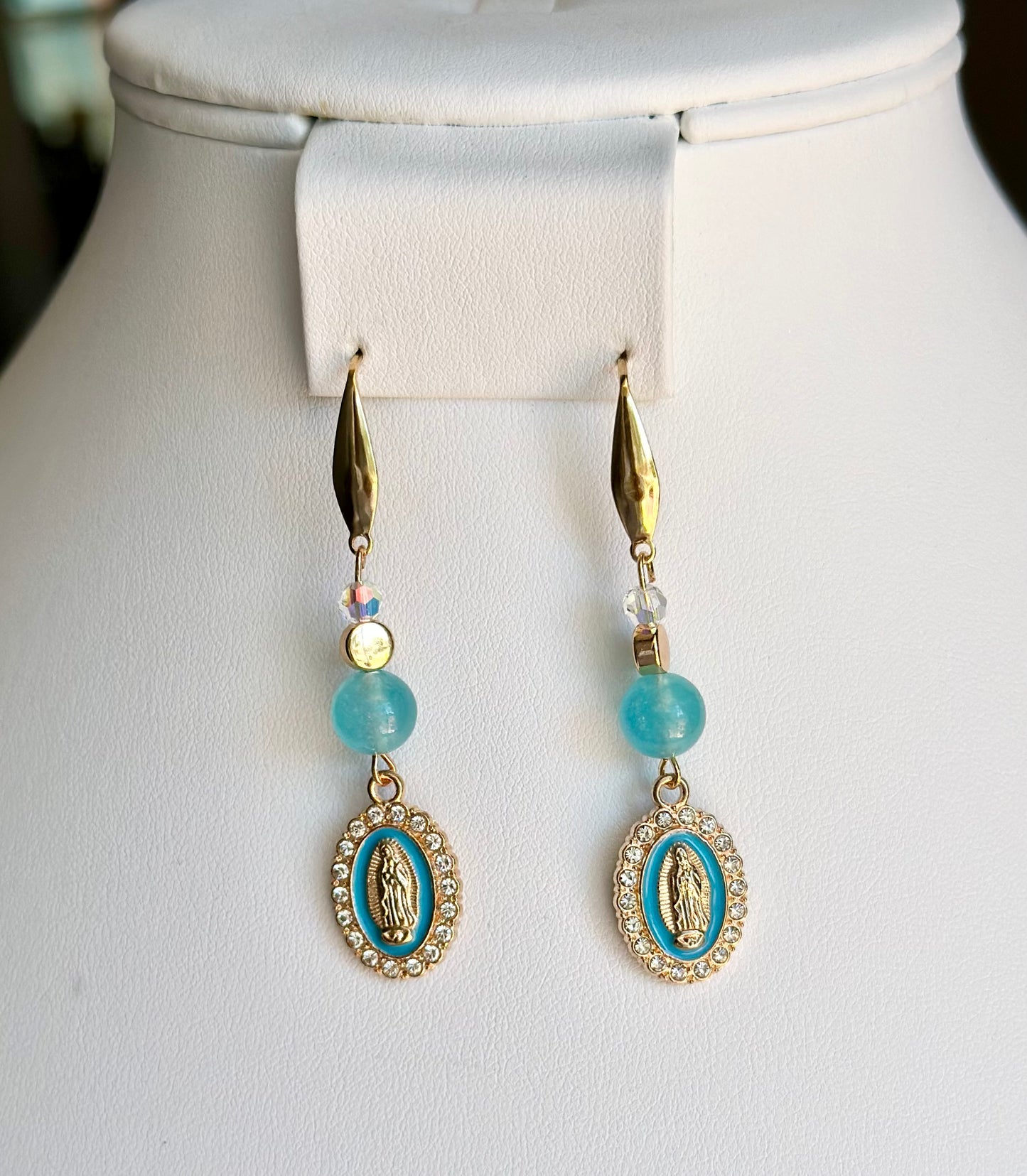 Virgen de Guadalupe Dangle and Drop Earrings in Blue