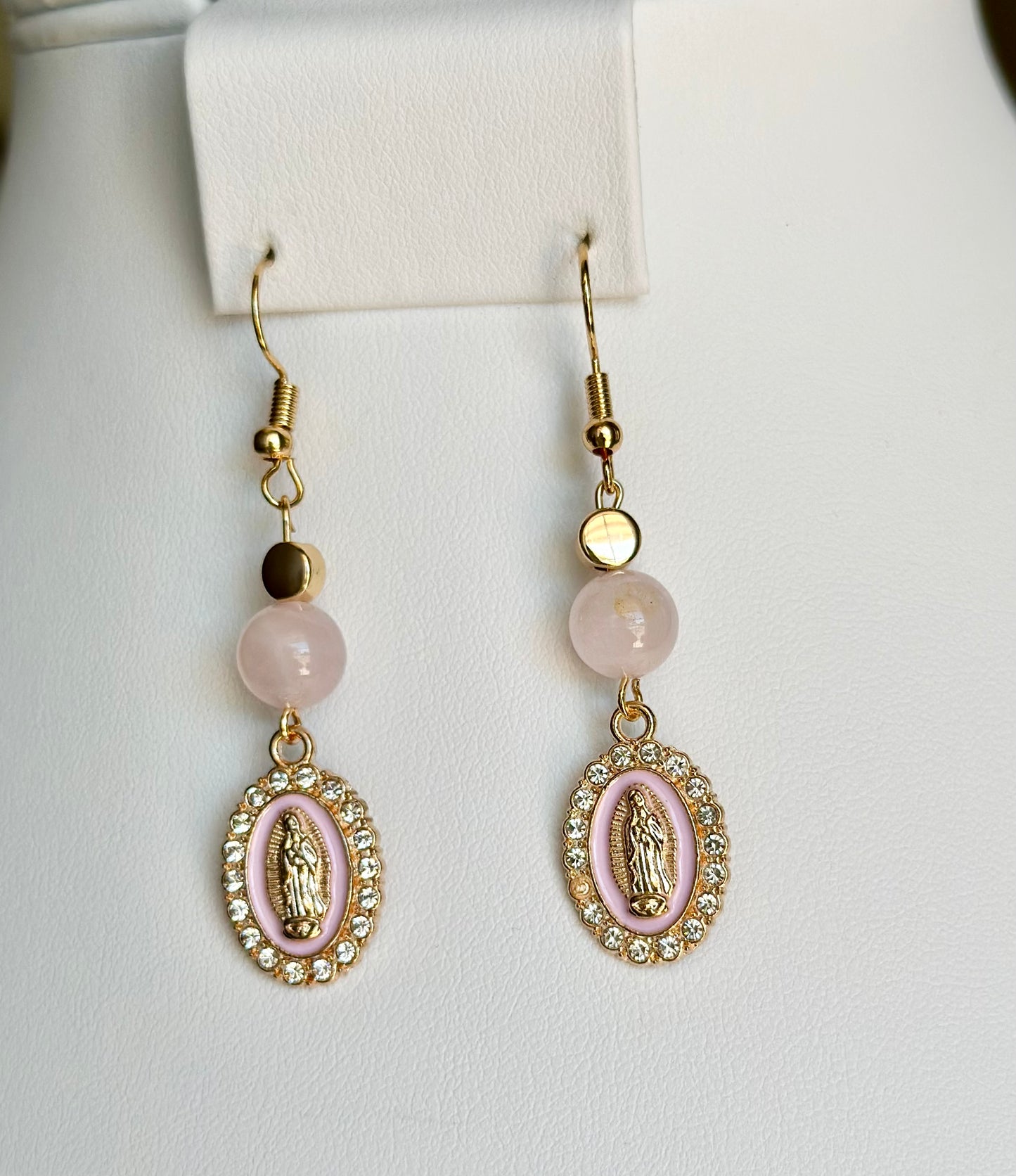 Virgen de Guadalupe Dangle and Drop Earrings in Pink