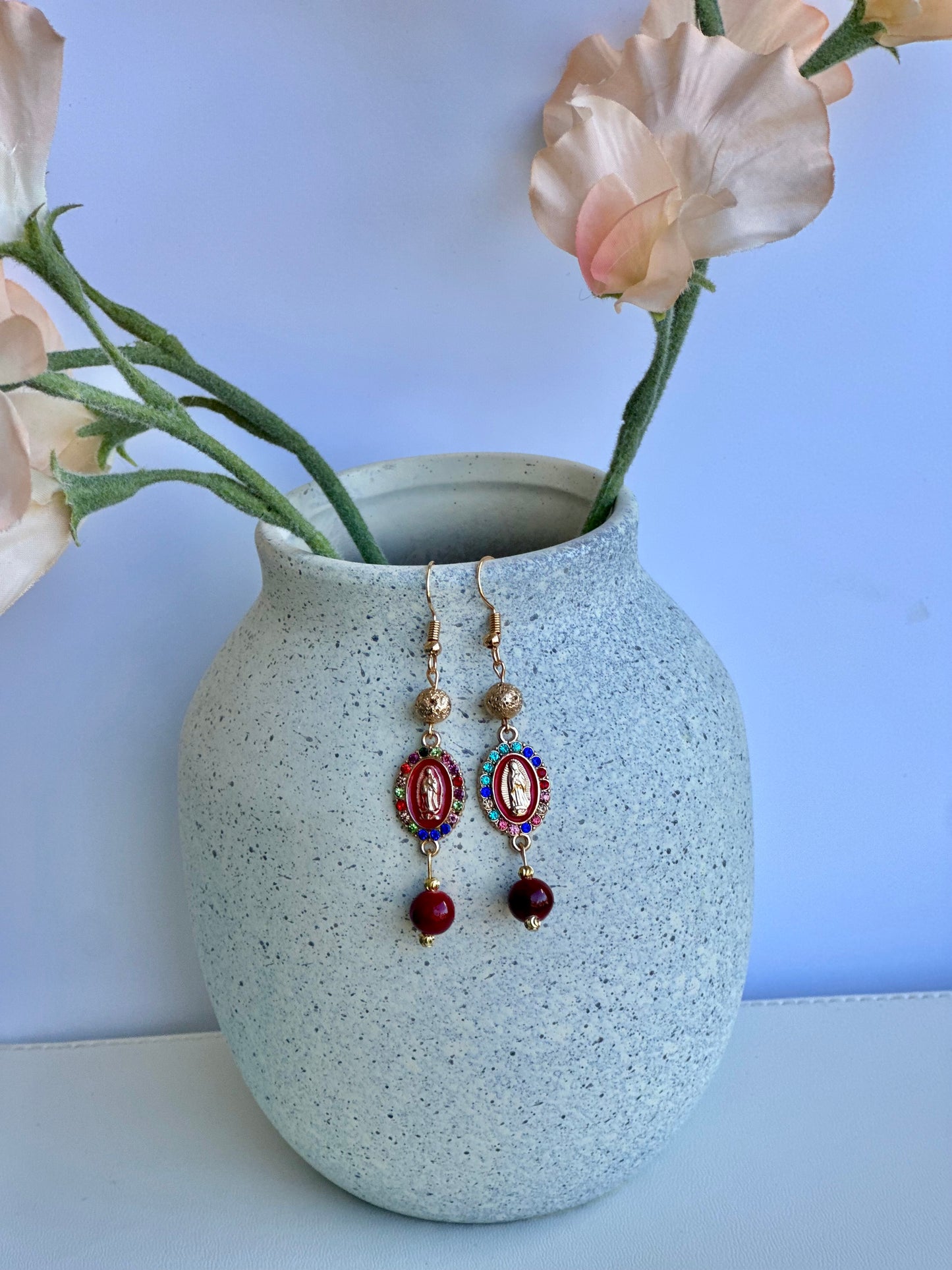 Virgen de Guadalupe Earrings in Dark Red Dyed Quartz