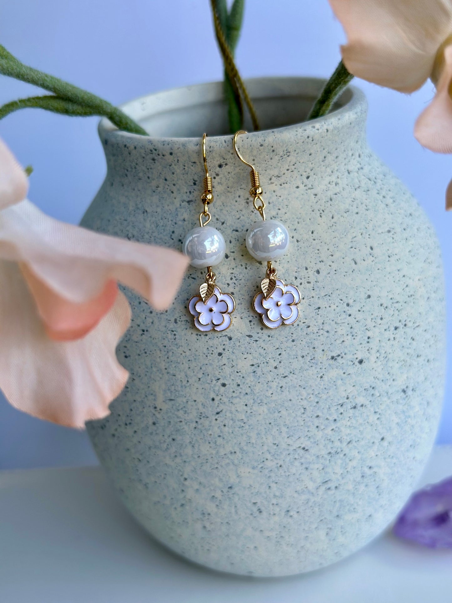 Dangle and Drop Earrings Set in White Pearl Beads