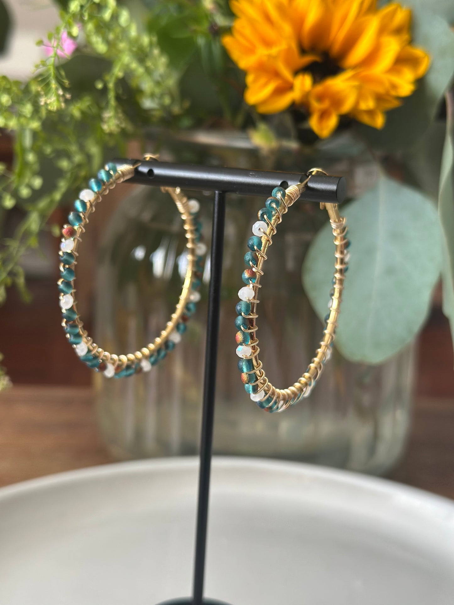 Hoop Earrings in Green and White