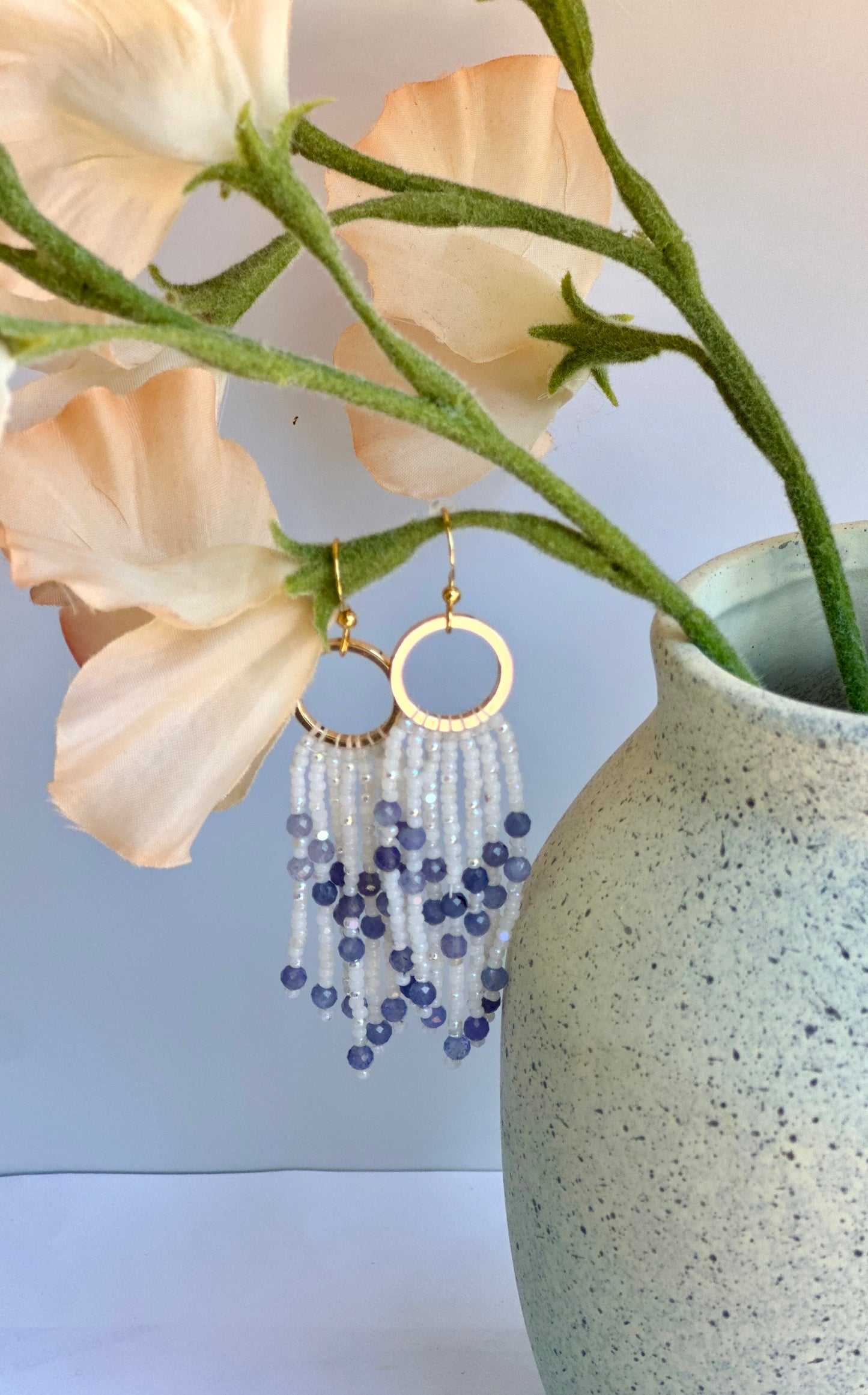 Beaded Fringe Earrings in White, Blue, and Gold