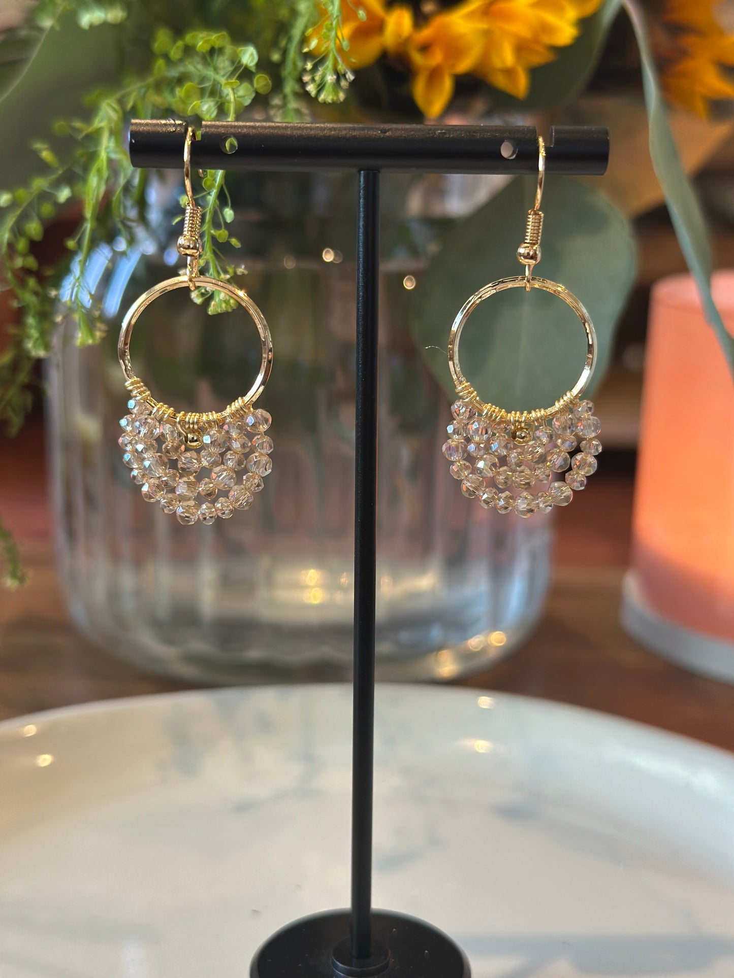 Dangle and Drop Earrings in Champagneand Gold.