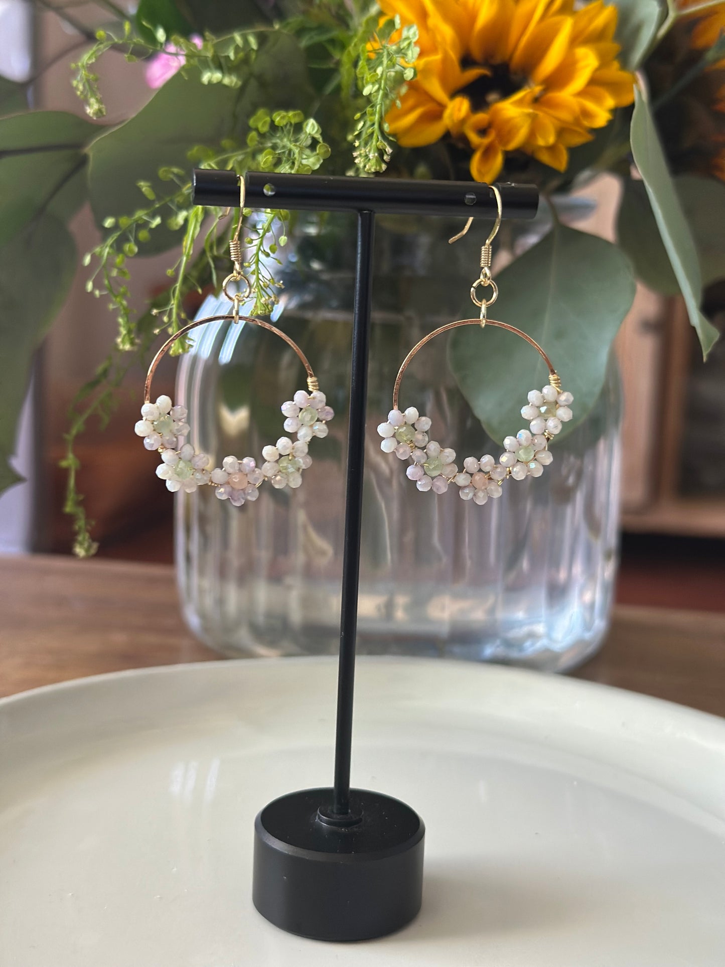 Dangle and Drop Earrings in Light Lilac and Gold.