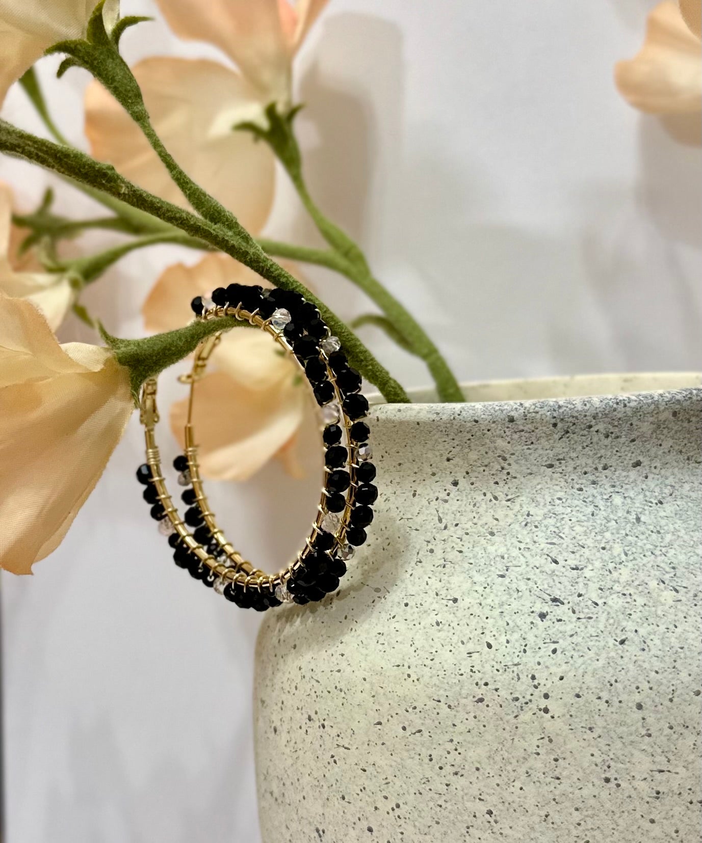 Hoop Earrings in Black and Beige