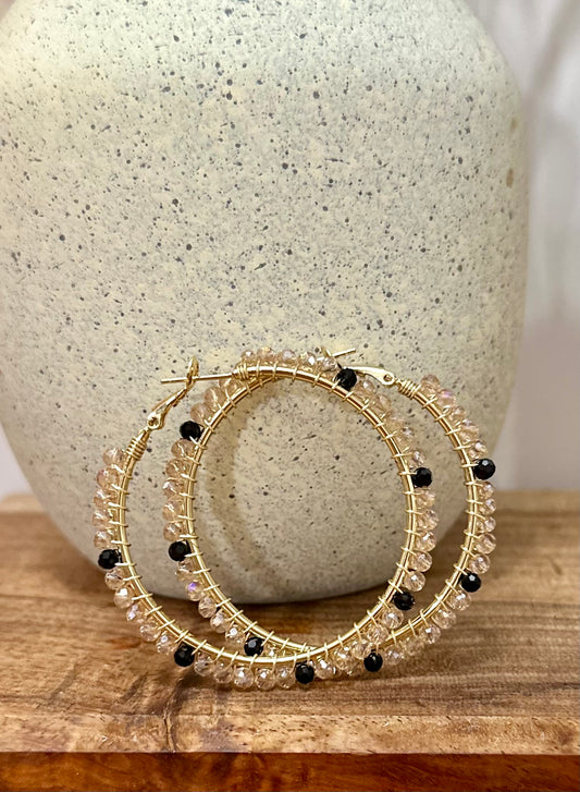 Hoop Earrings in Beige, Black and Gold