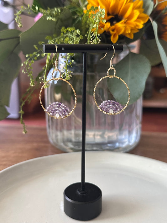 Dangle and Drop Earrings in Purple and Gold.
