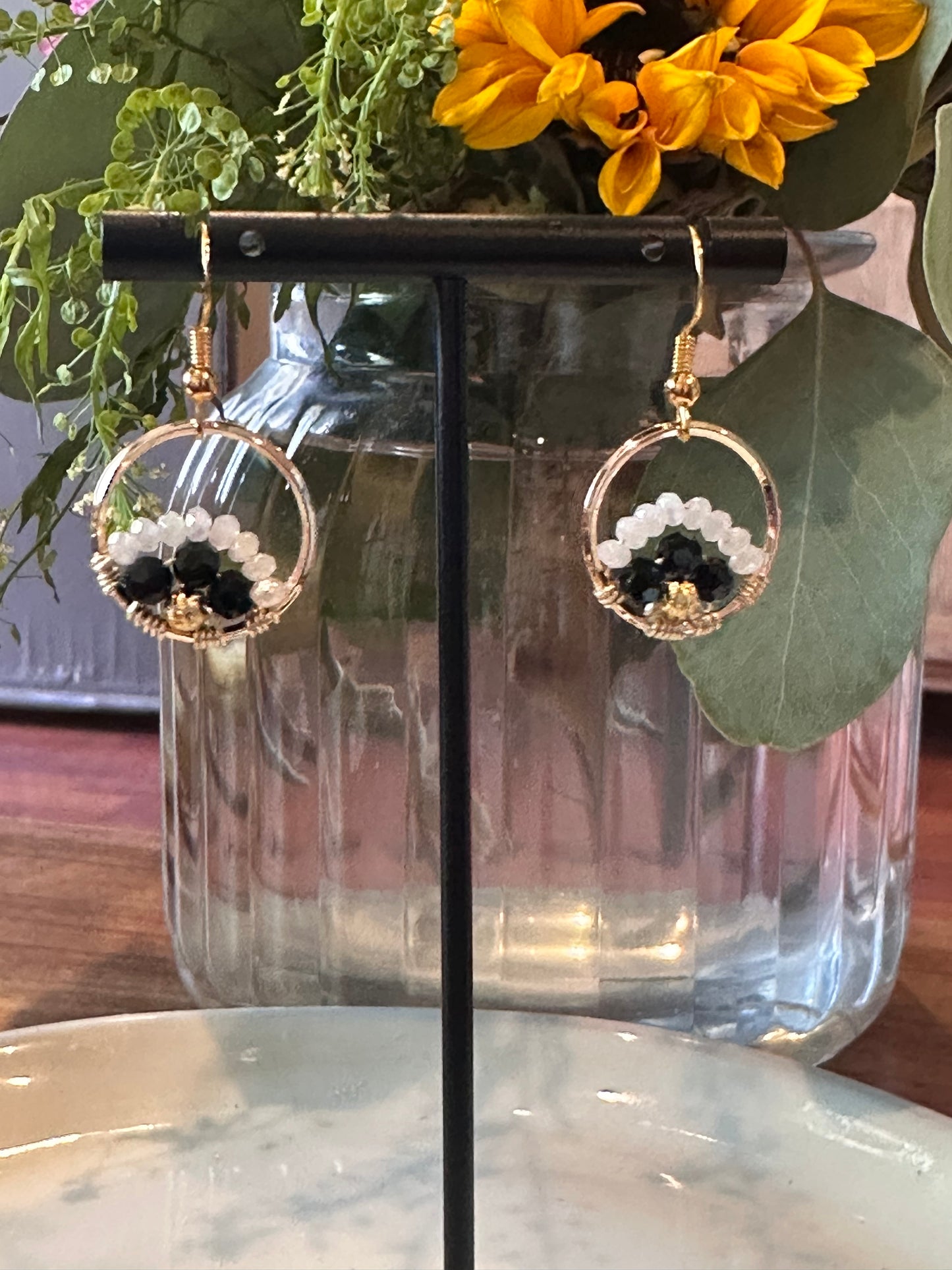 Dangle and Drop Earrings in Black and White, and Gold. (Small)