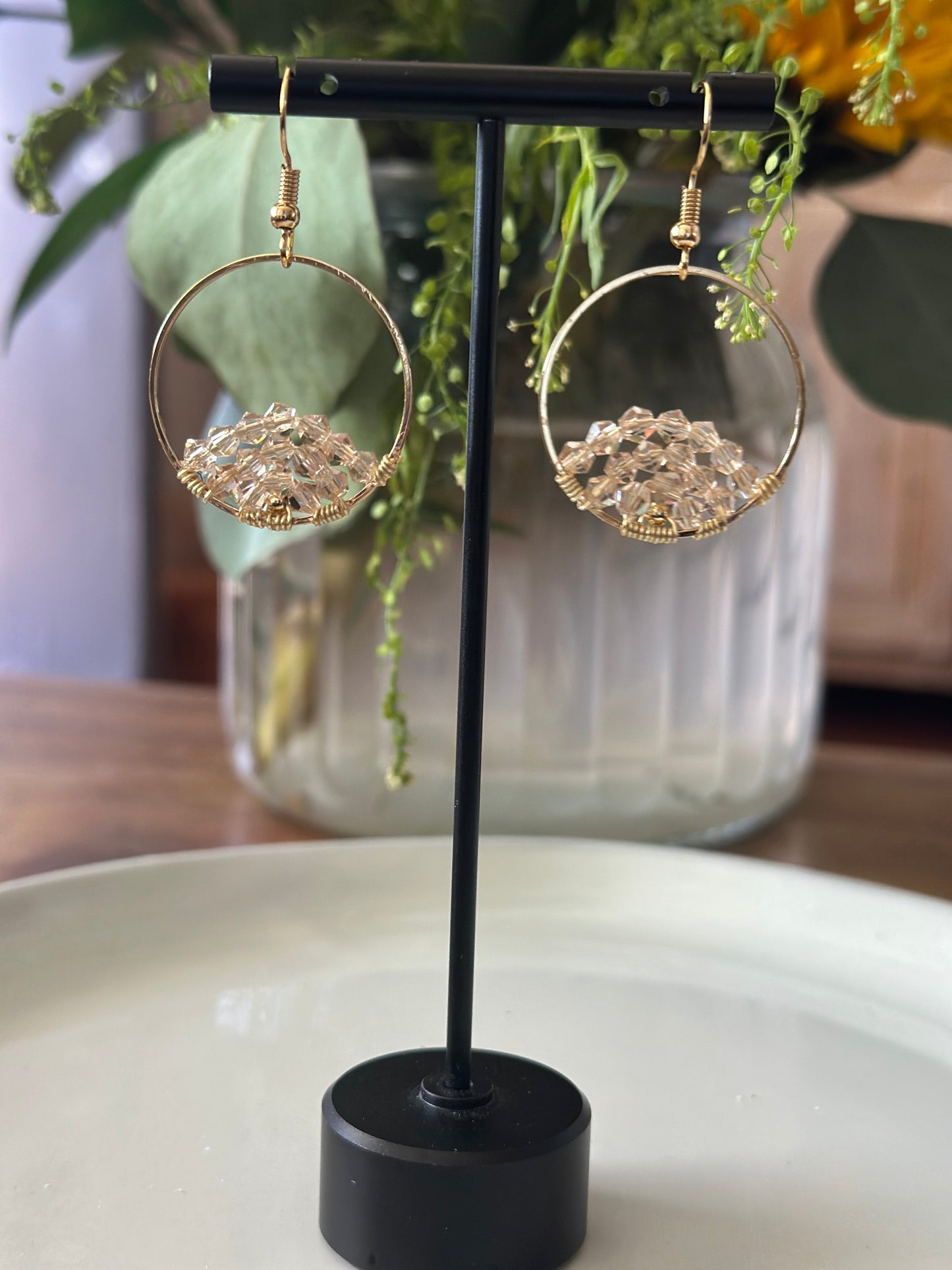 Dangle and Drop Earrings in Champagne and Gold.