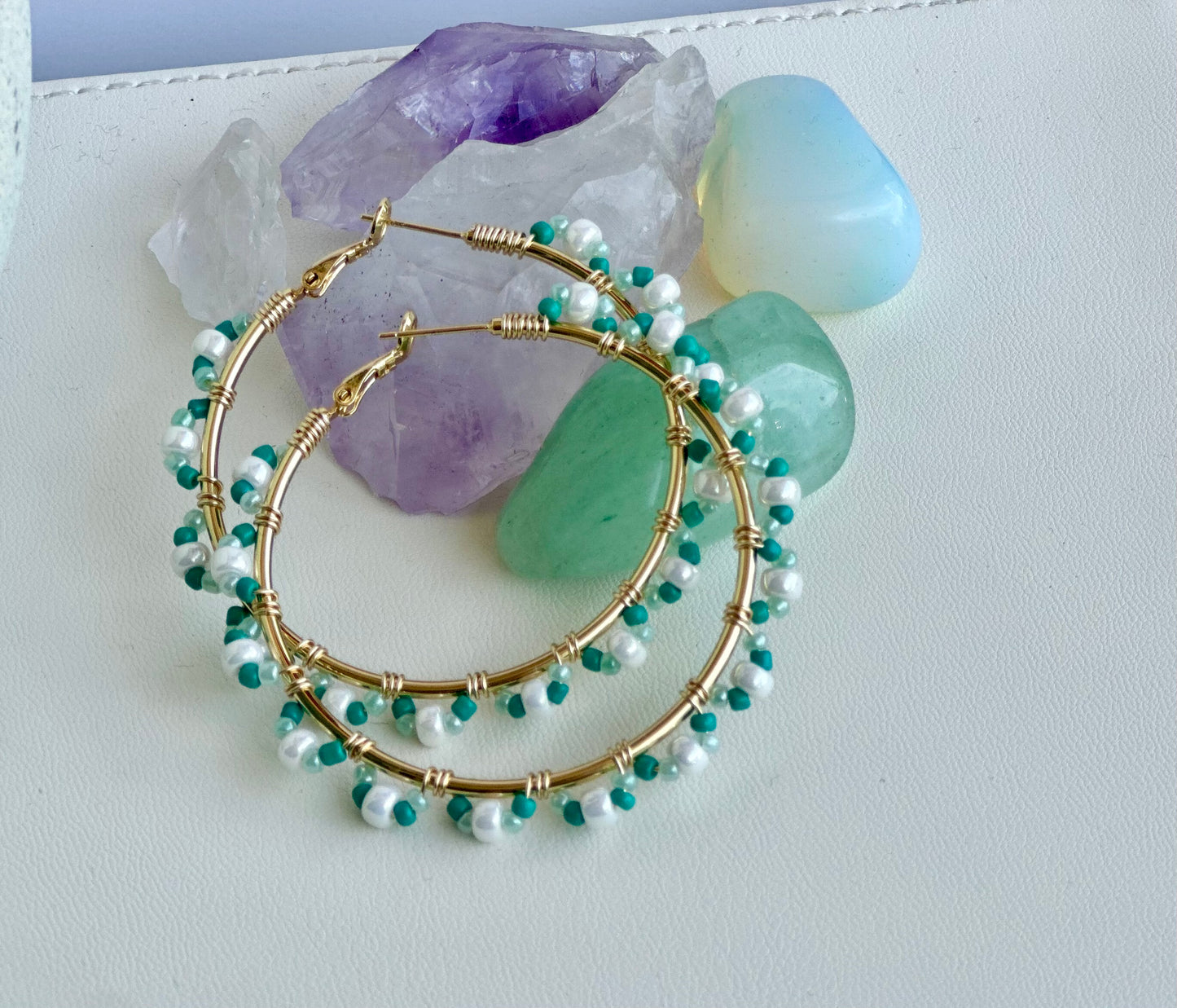 Hoop Earrings with Aqua and White