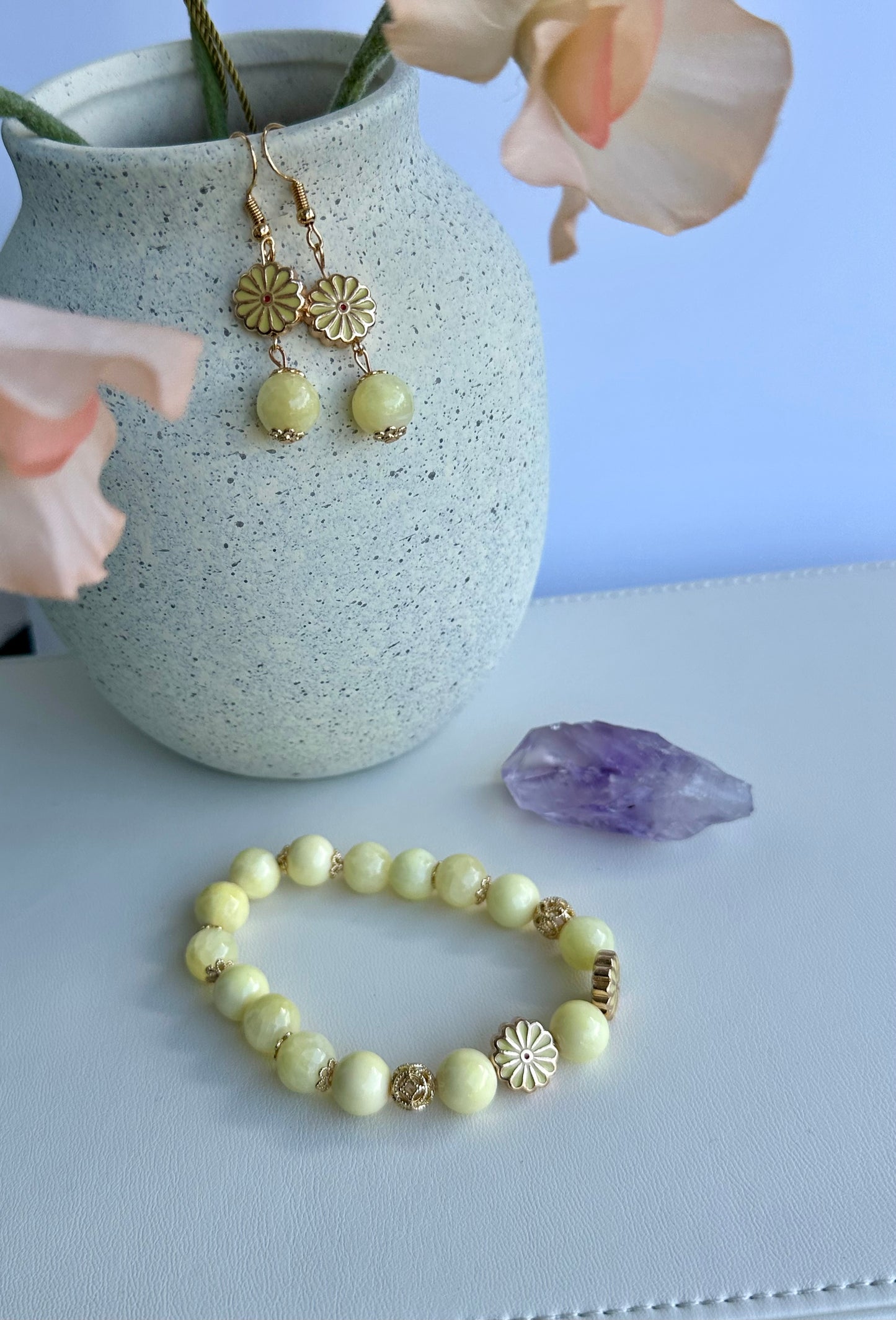 Bracelet and Earrings Set in Soft Yellow