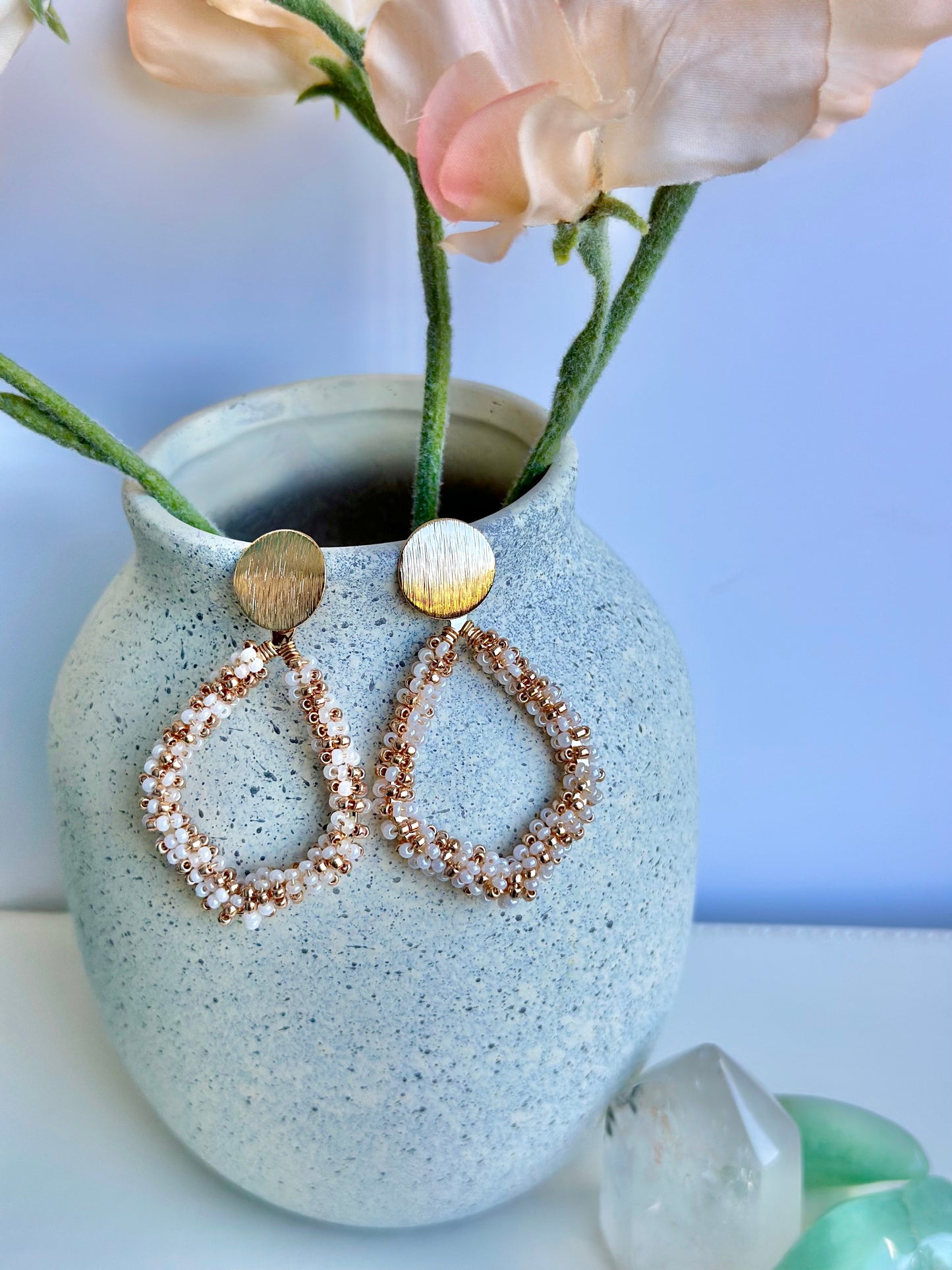 Dangle Drop Earrings in White and Gold.