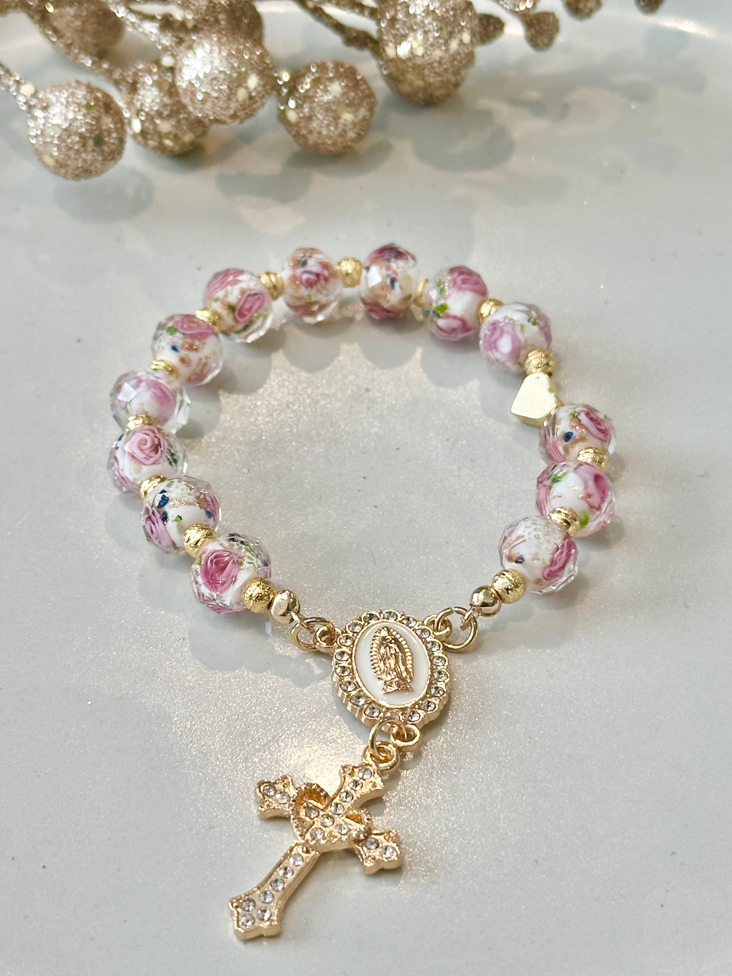 Rosary Bracelet in Pink and White.