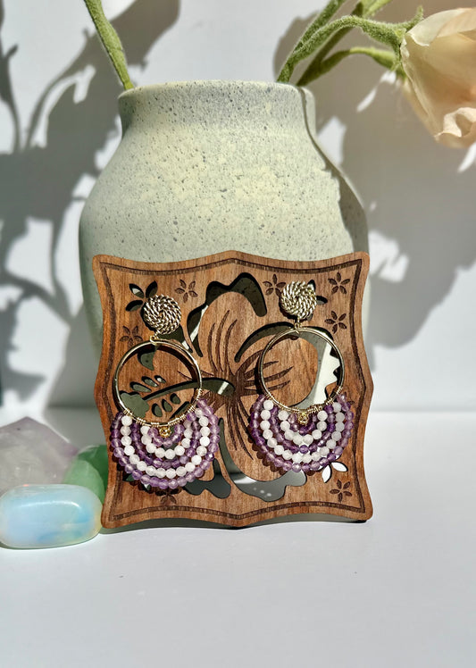 Dangle and Drop Earrings in Purple, White and Gold.