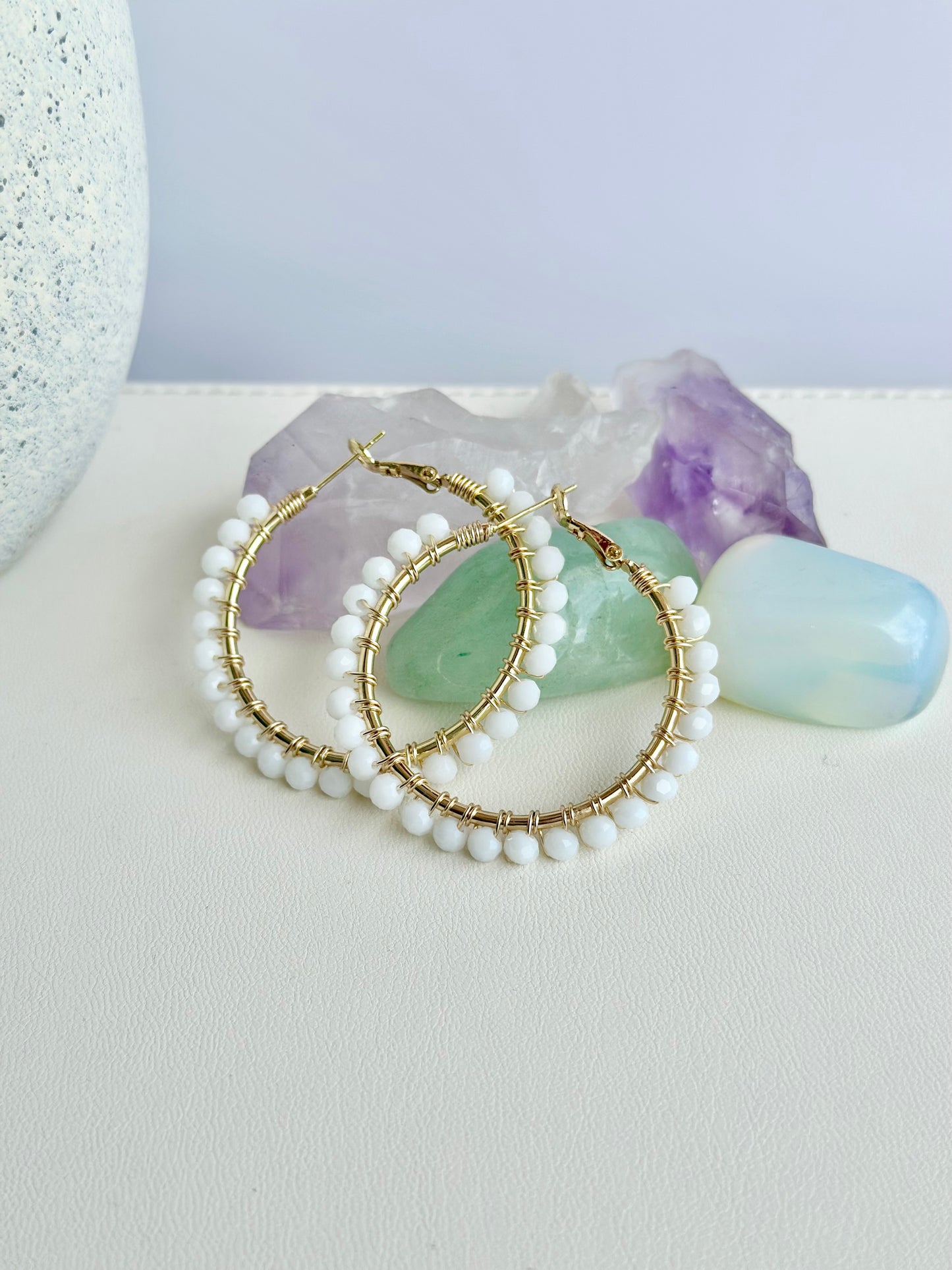 Hoop Earrings with White Glass Beads (30mm)